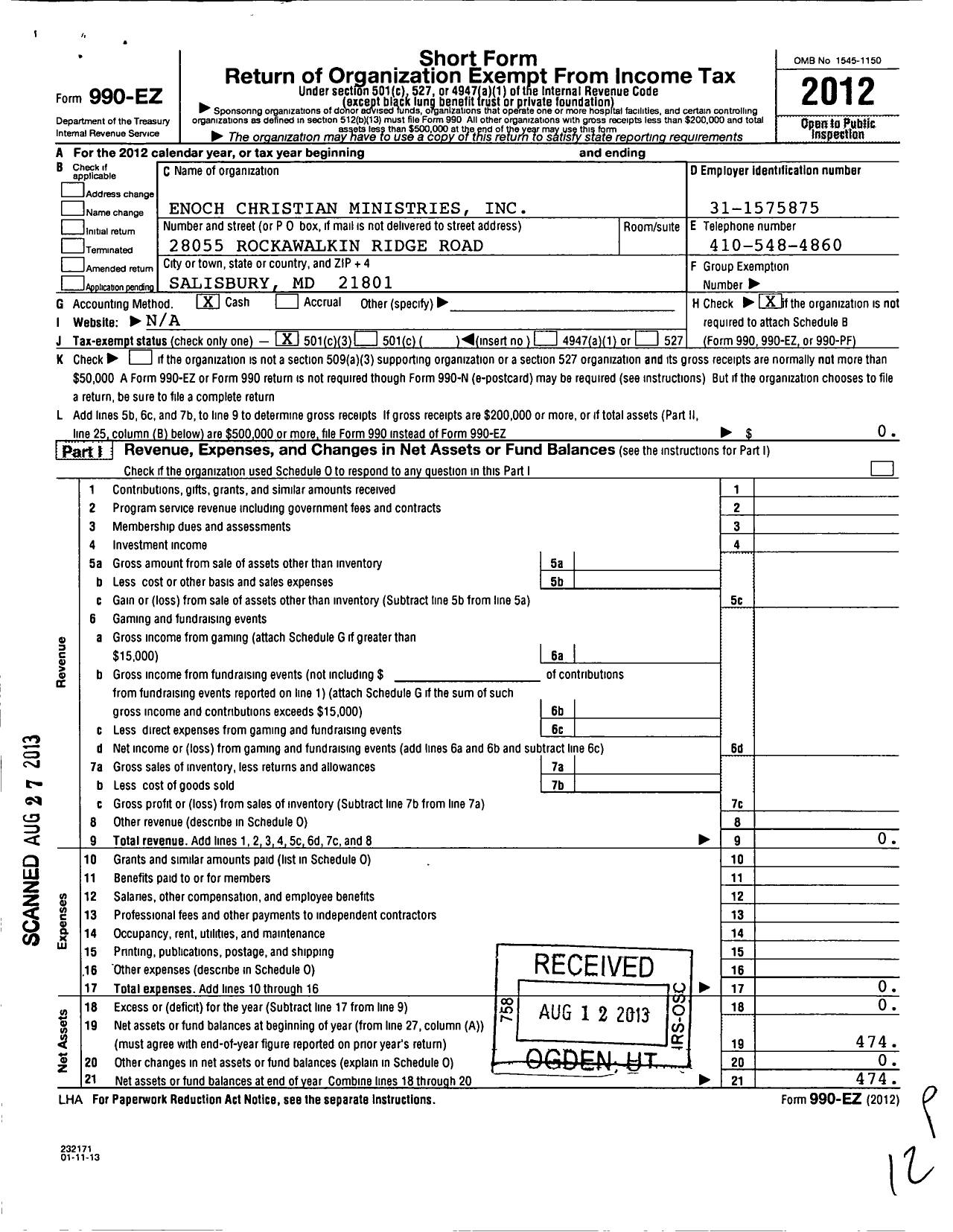 Image of first page of 2012 Form 990EZ for Enoch Christian Ministries