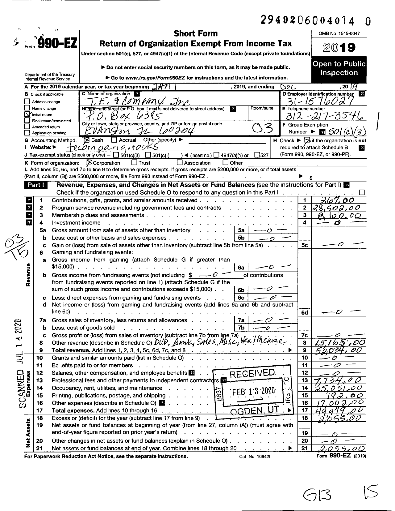 Image of first page of 2019 Form 990EZ for T E and Company