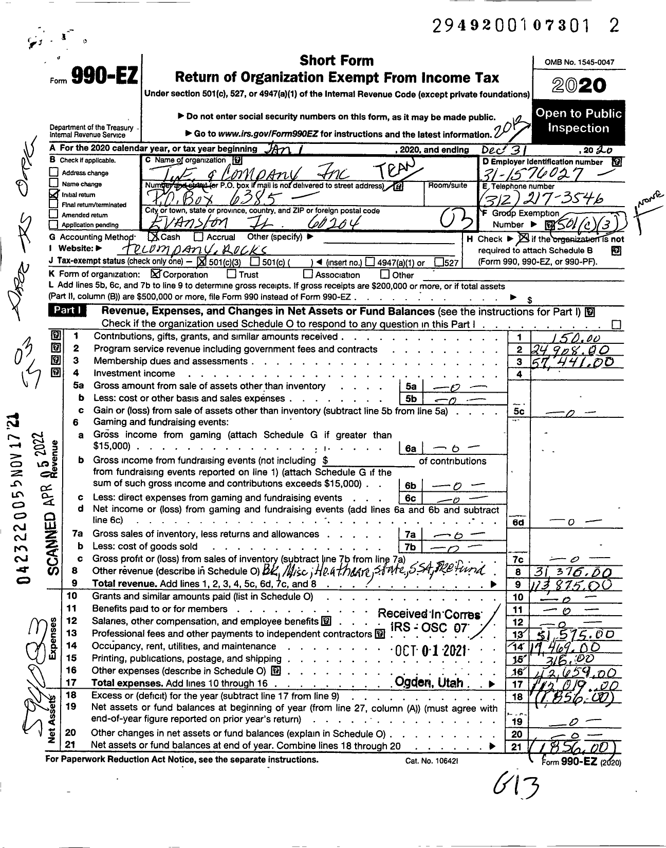 Image of first page of 2020 Form 990EZ for T E and Company