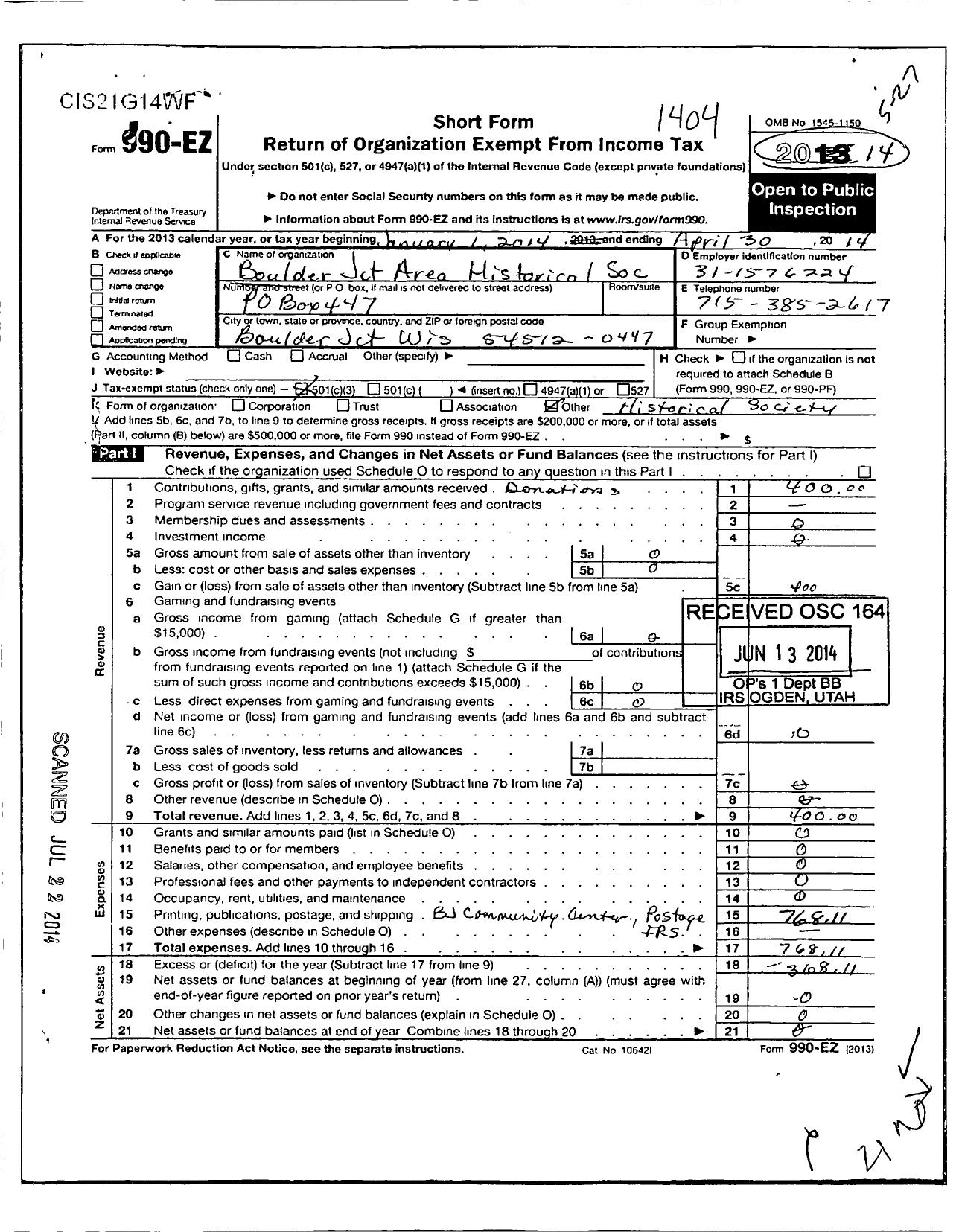 Image of first page of 2013 Form 990EZ for Boulder Junction Area Historical Society