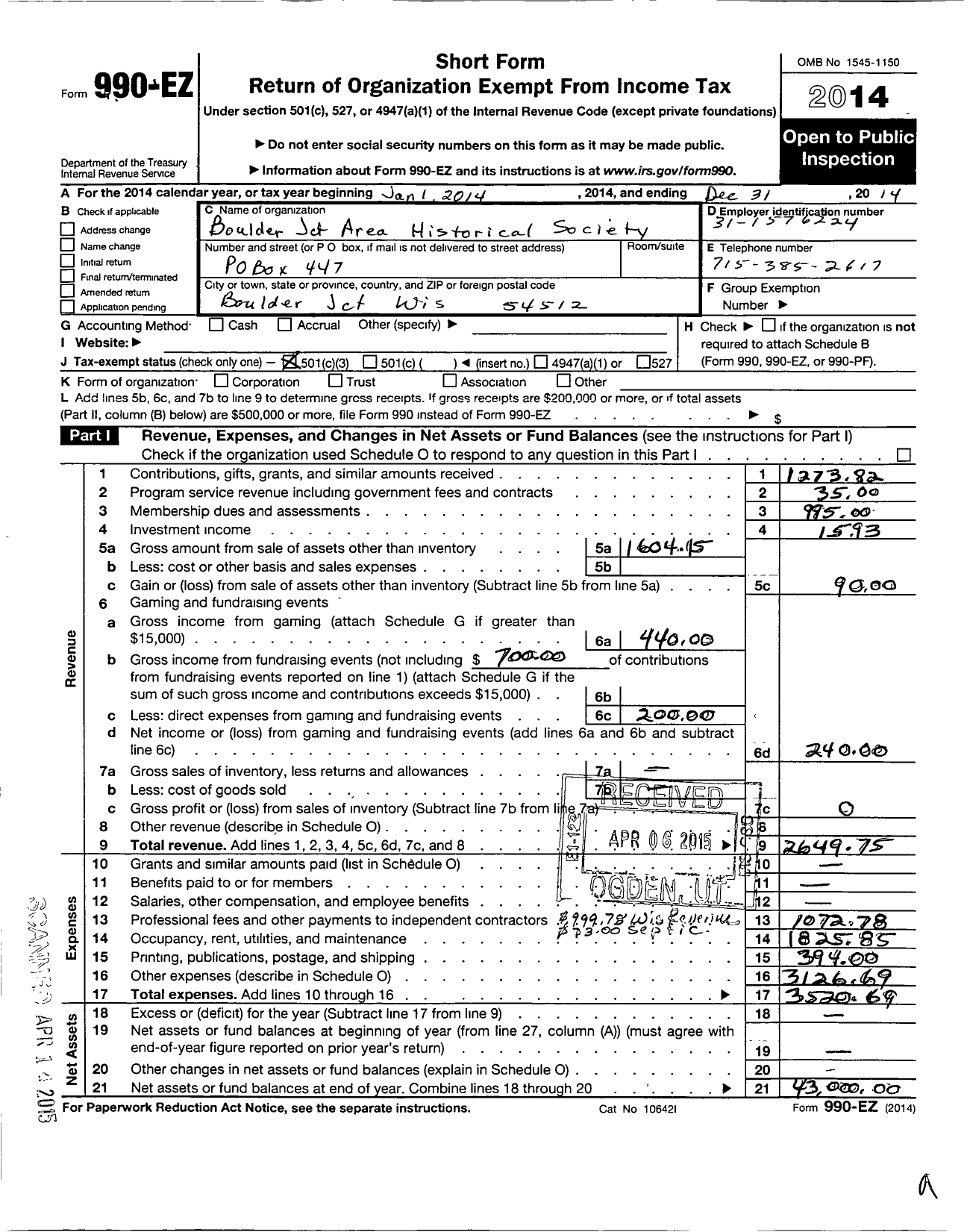 Image of first page of 2014 Form 990EZ for Boulder Junction Area Historical Society