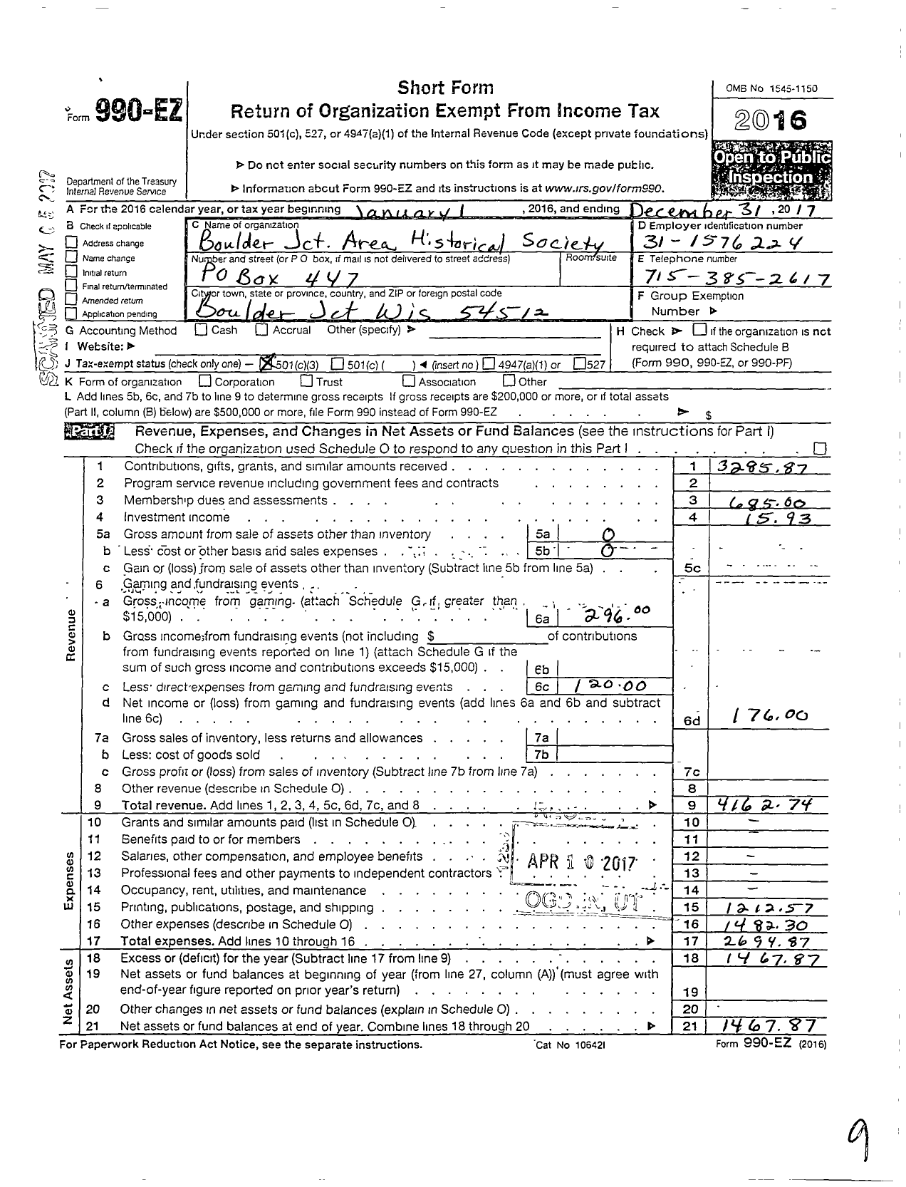 Image of first page of 2017 Form 990EZ for Boulder Junction Area Historical Society