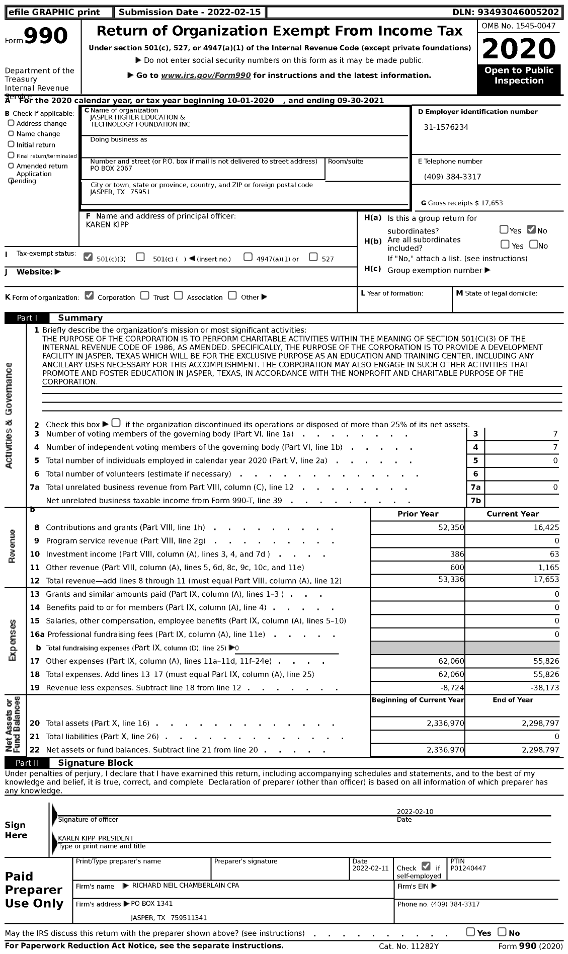 Image of first page of 2020 Form 990 for Jasper Higher Education and Technology Foundation