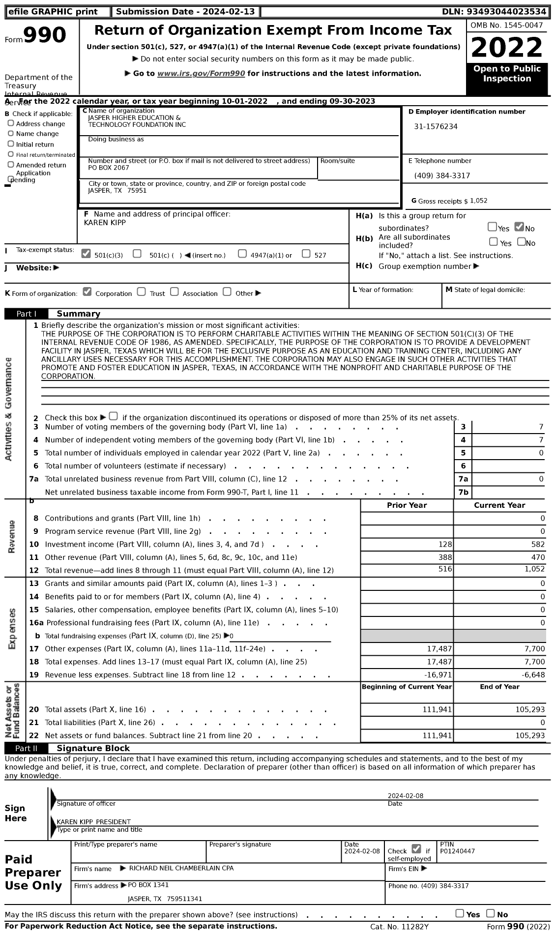 Image of first page of 2022 Form 990 for Jasper Higher Education and Technology Foundation