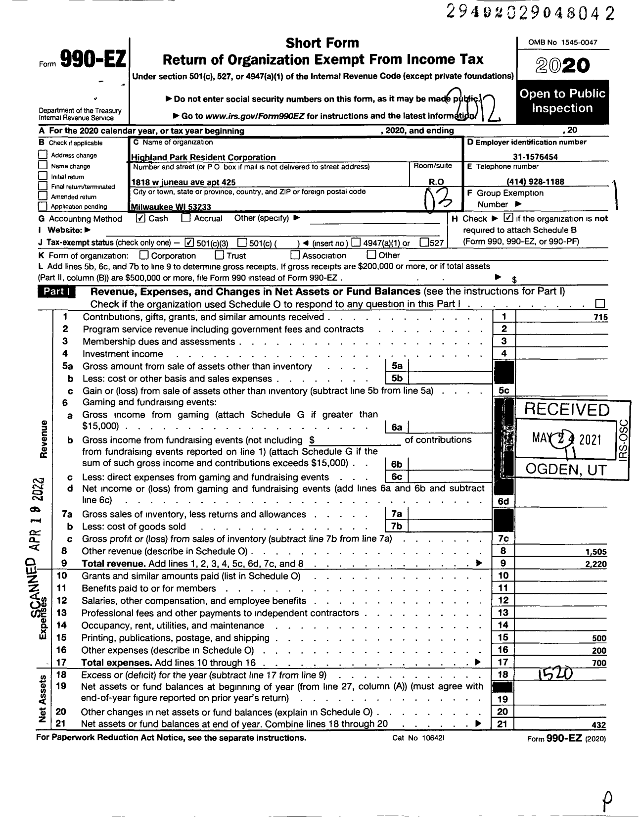 Image of first page of 2020 Form 990EZ for Highland Park Resident Corporation