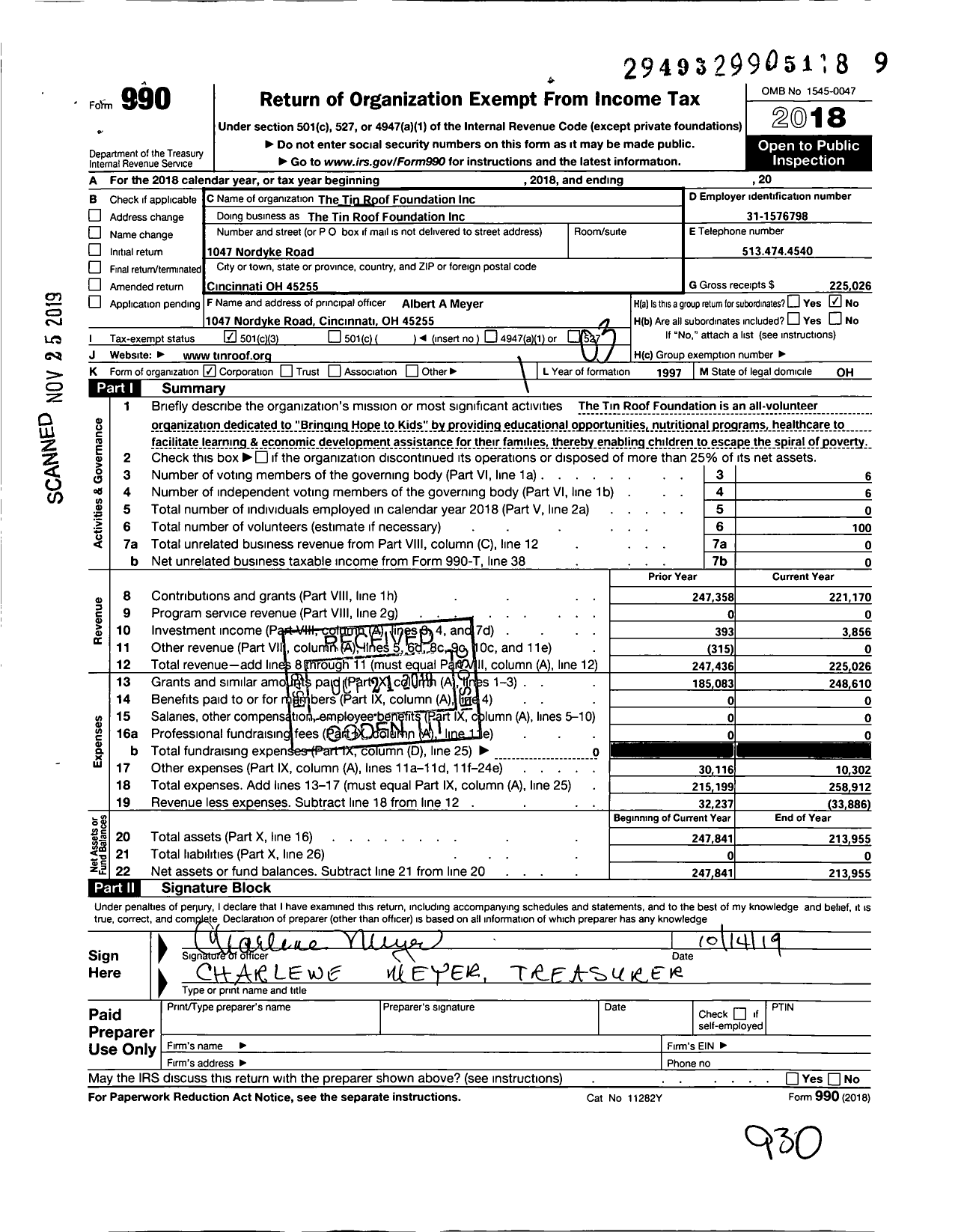 Image of first page of 2018 Form 990 for Tin Roof Foundation