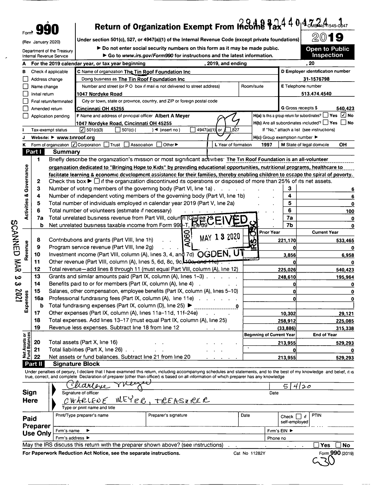 Image of first page of 2019 Form 990 for Tin Roof Foundation