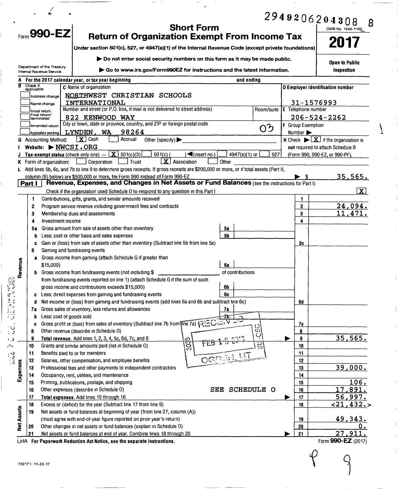 Image of first page of 2017 Form 990EZ for Northwest Christian Schools International