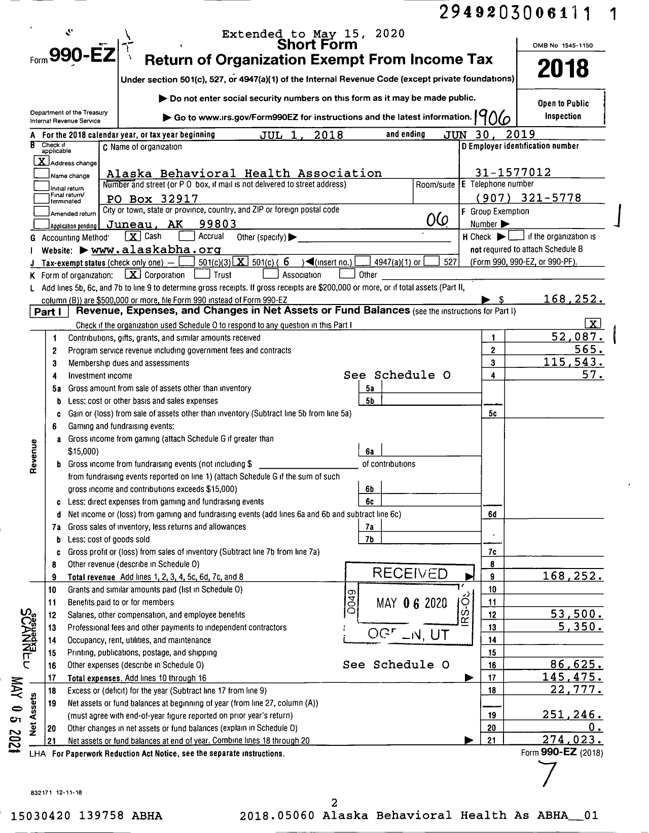 Image of first page of 2018 Form 990EO for Alaska Behavioral Health Association