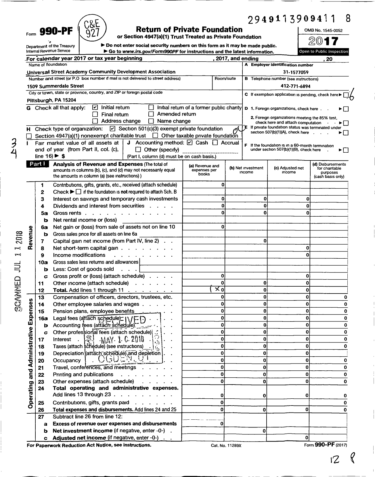 Image of first page of 2017 Form 990PF for Universal Street Academy Community Development Association