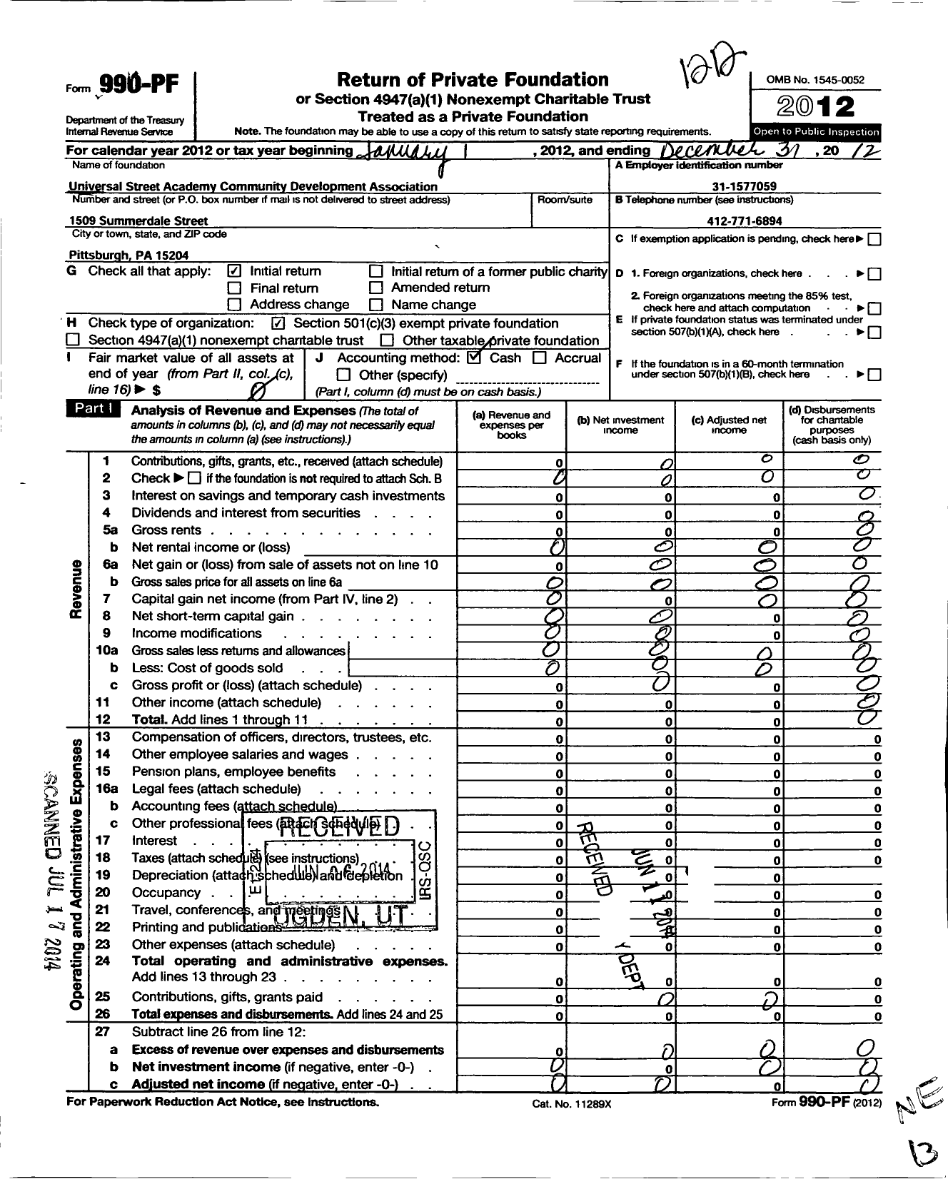 Image of first page of 2012 Form 990PF for Universal Street Academy Community Development Association