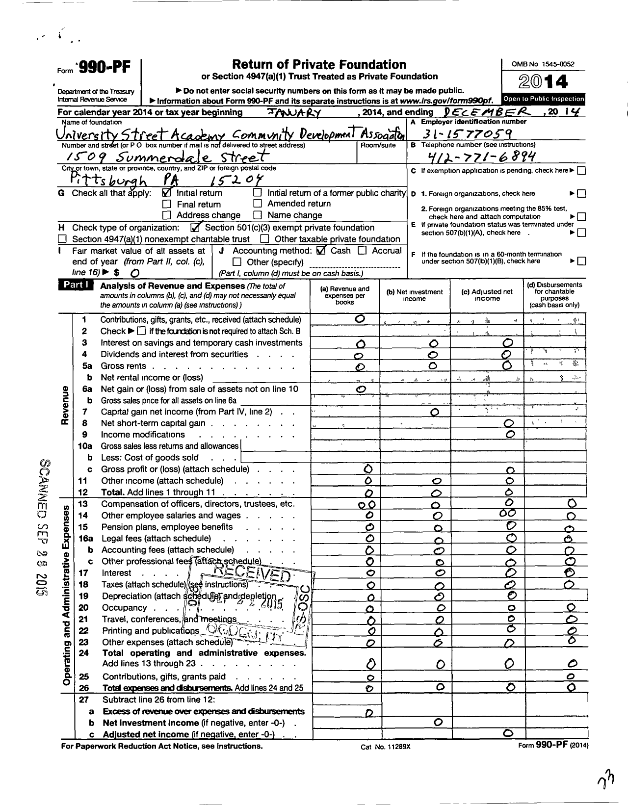 Image of first page of 2014 Form 990PF for Universal Street Academy Community Development Association