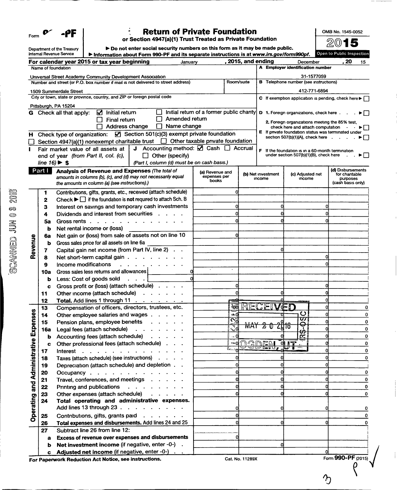 Image of first page of 2015 Form 990PF for Universal Street Academy Community Development Association