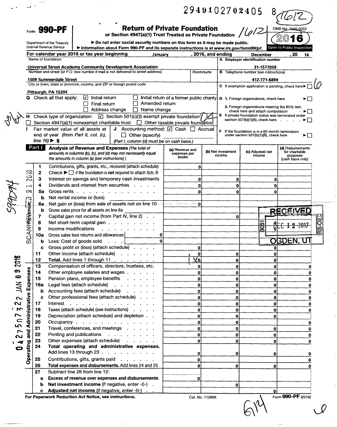 Image of first page of 2016 Form 990PF for Universal Street Academy Community Development Association