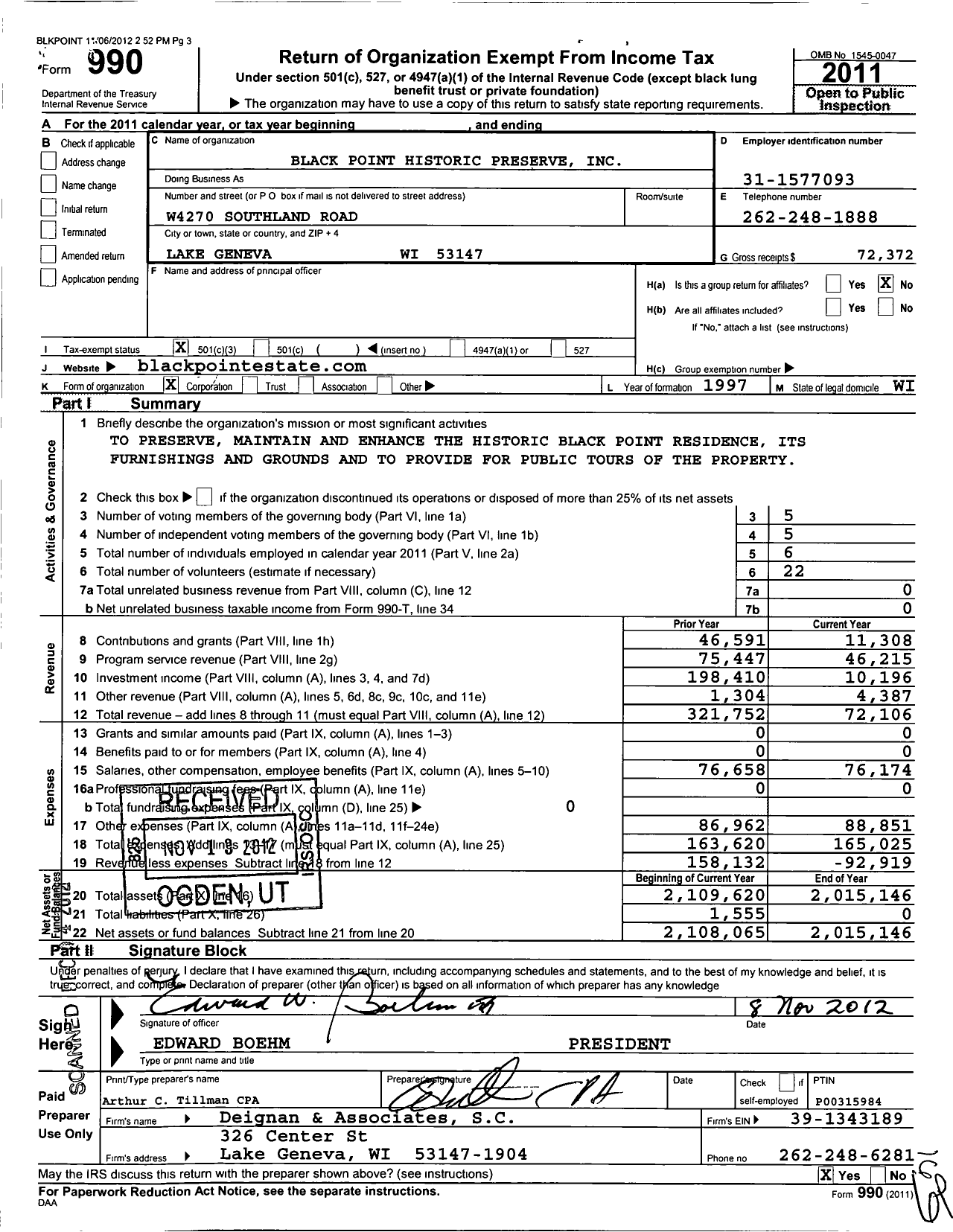 Image of first page of 2011 Form 990 for Black Point Historic Preserve