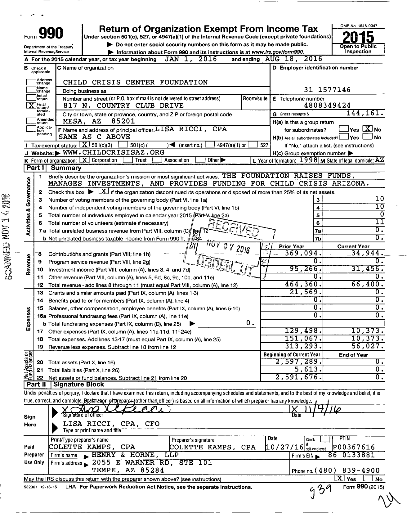 Image of first page of 2015 Form 990 for Child Crisis Center Foundation