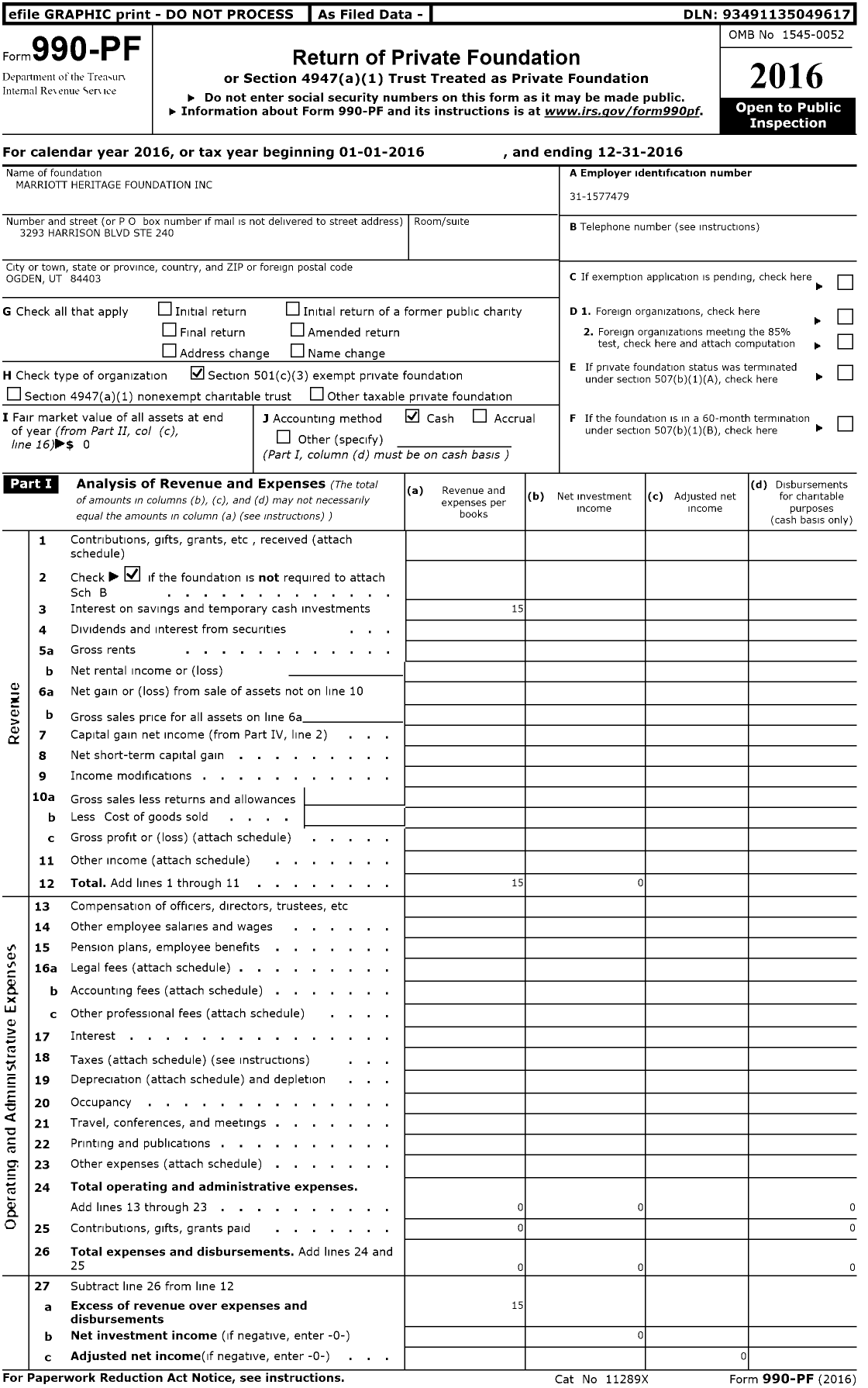 Image of first page of 2016 Form 990PF for Marriott Heritage Foundation