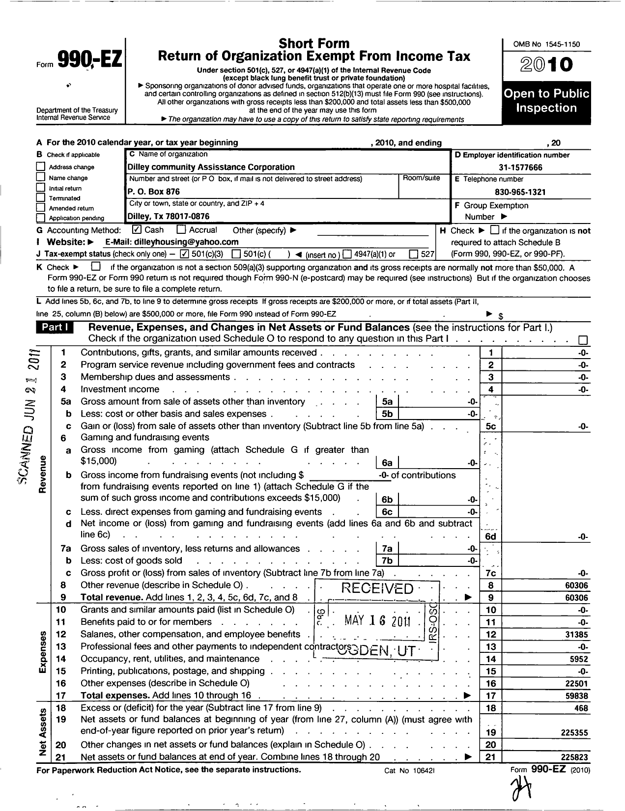 Image of first page of 2010 Form 990EZ for Dilley Community Assistance Corporation