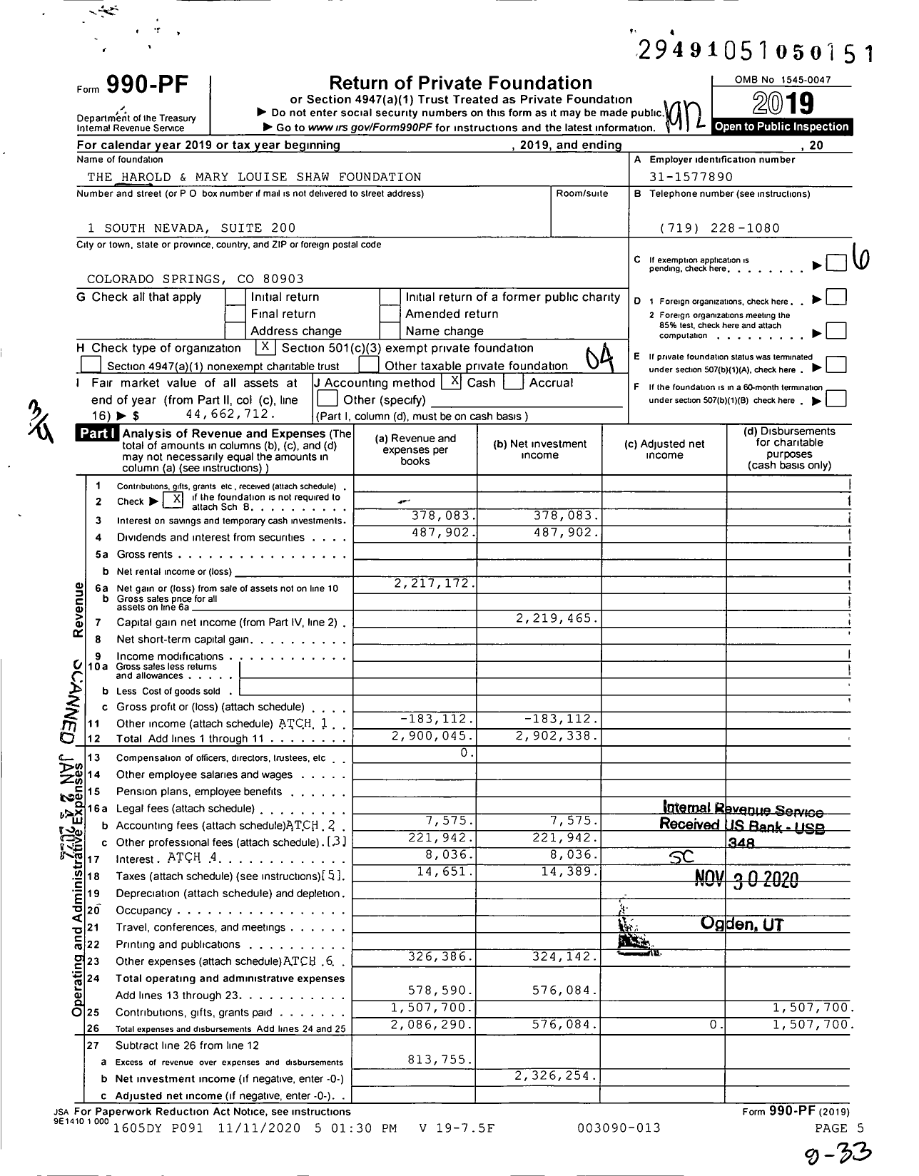 Image of first page of 2019 Form 990PF for The Harold and Mary Louise Shaw Foundation