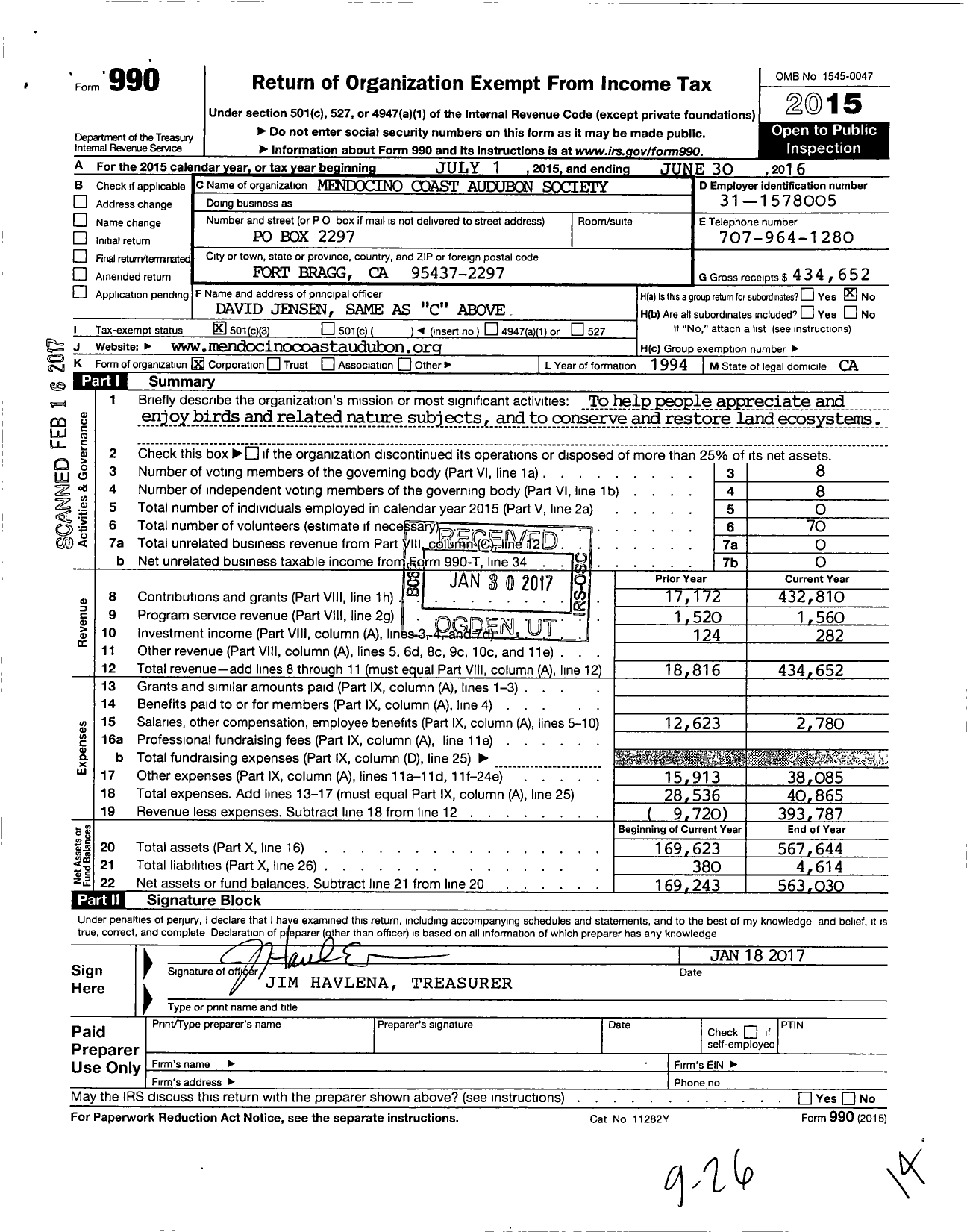 Image of first page of 2015 Form 990 for Mendocino Coast Audubon Society