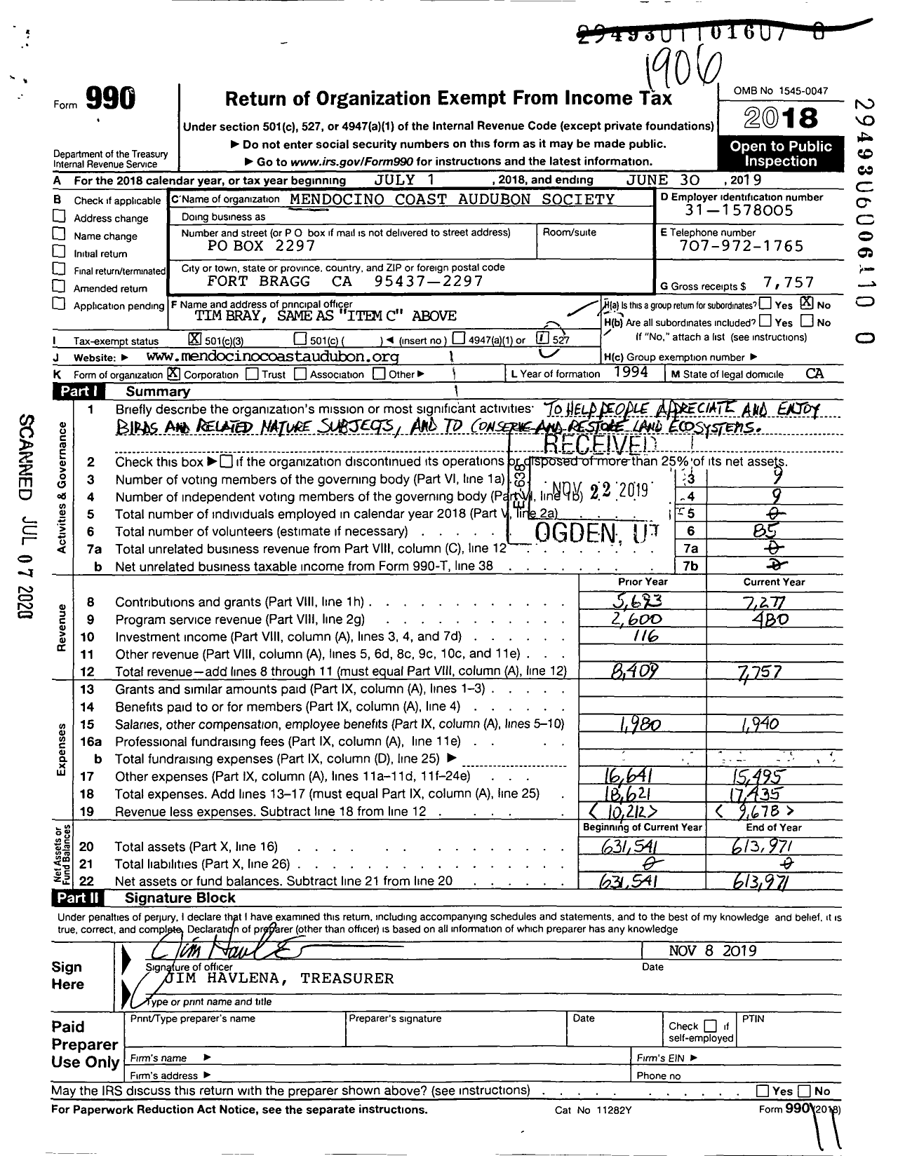 Image of first page of 2018 Form 990 for Mendocino Coast Audubon Society