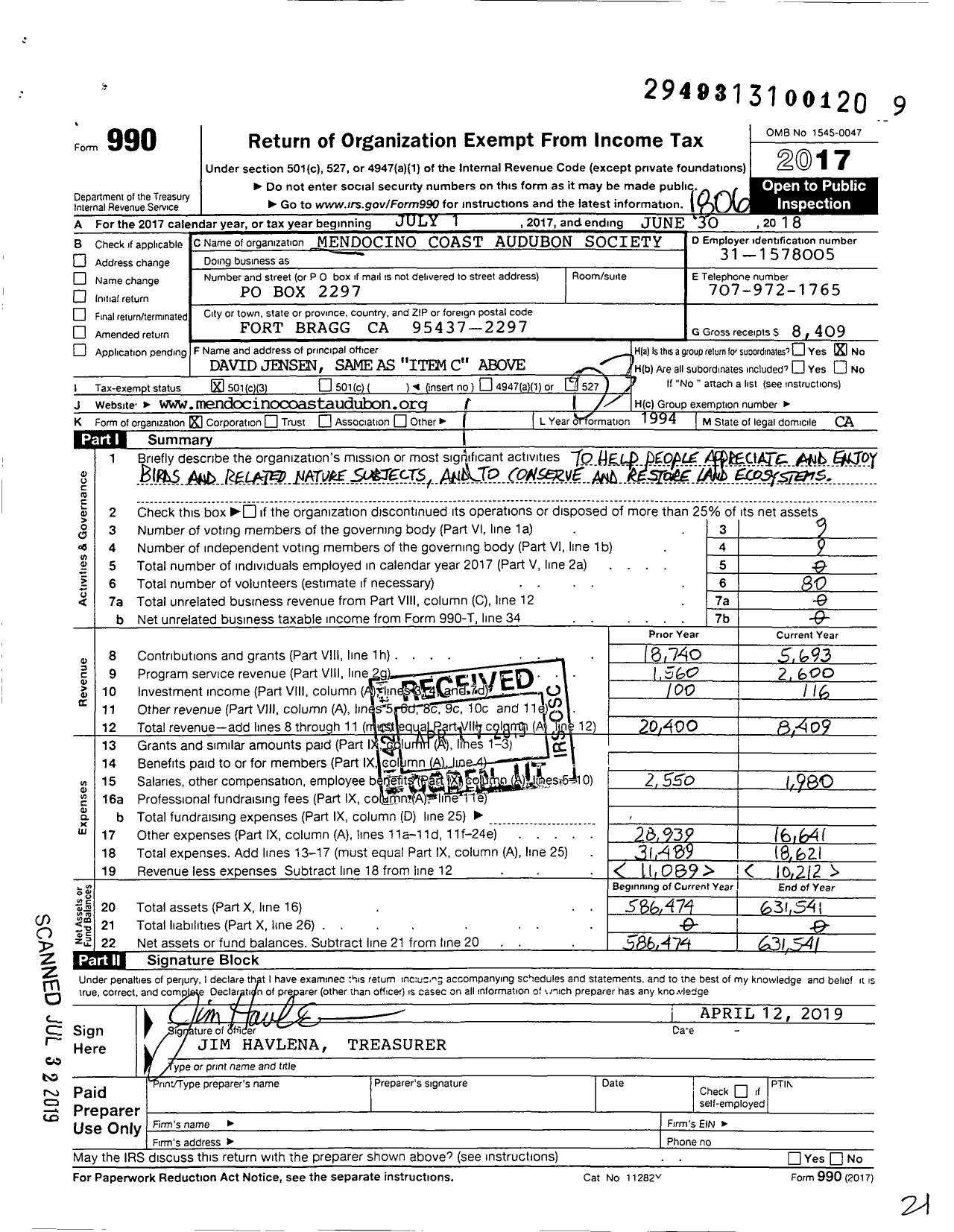 Image of first page of 2017 Form 990 for Mendocino Coast Audubon Society