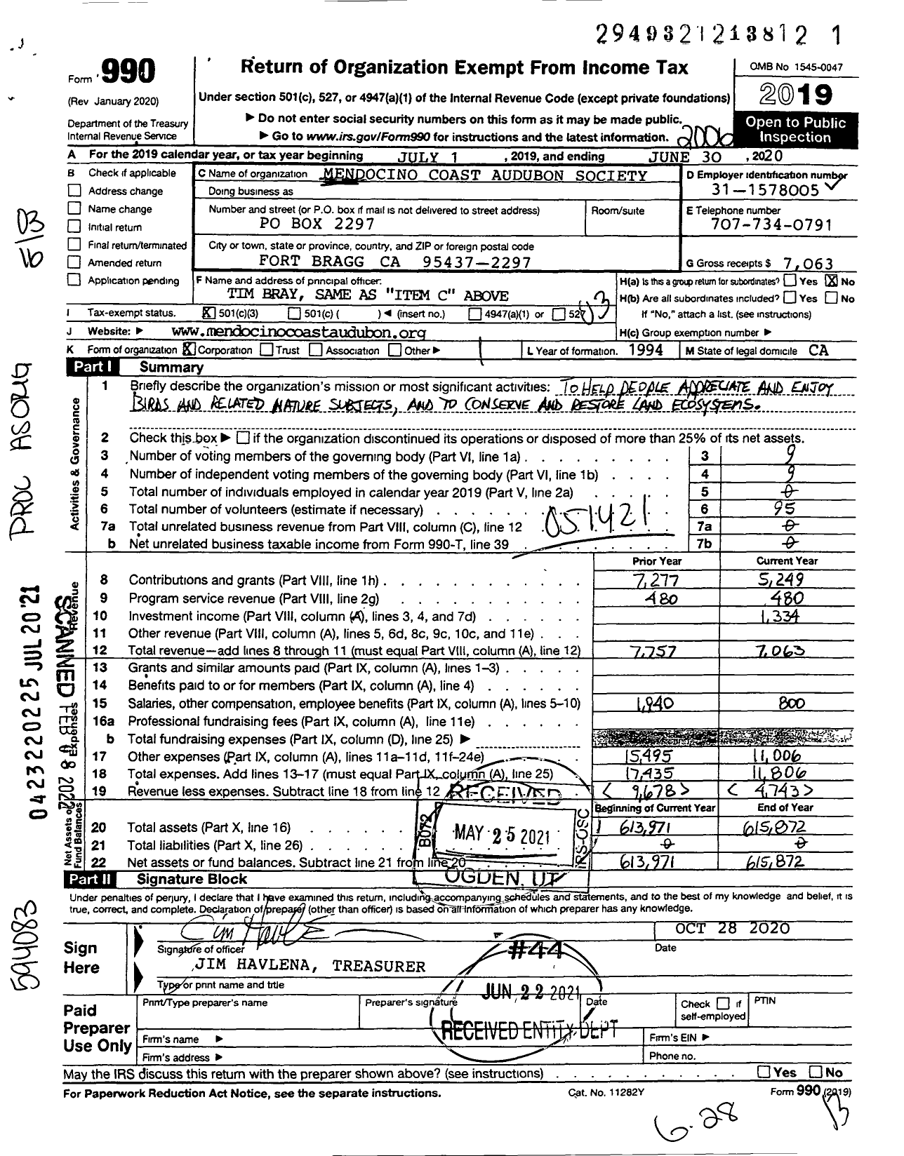 Image of first page of 2019 Form 990 for Mendocino Coast Audubon Society