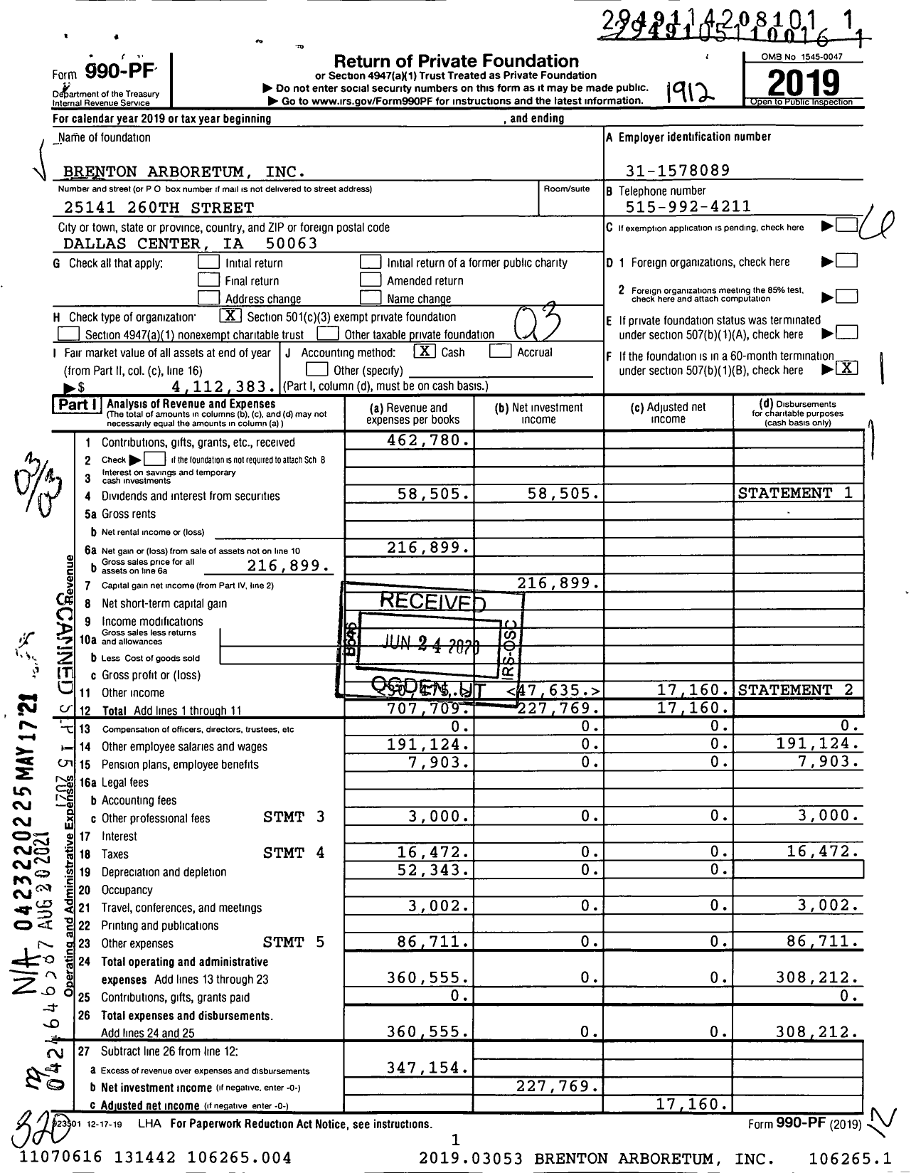 Image of first page of 2019 Form 990PF for Brenton Arboretum