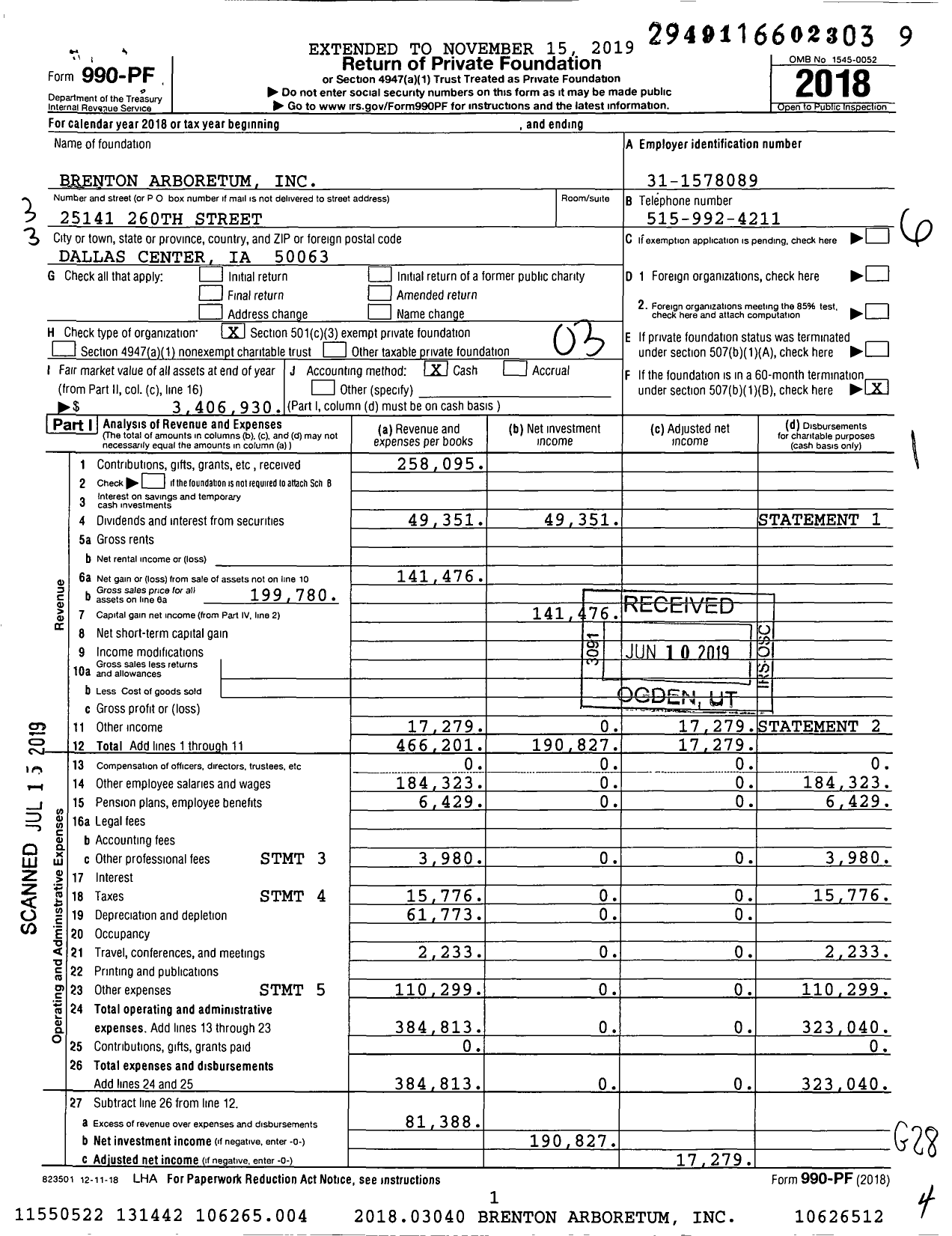 Image of first page of 2018 Form 990PF for Brenton Arboretum