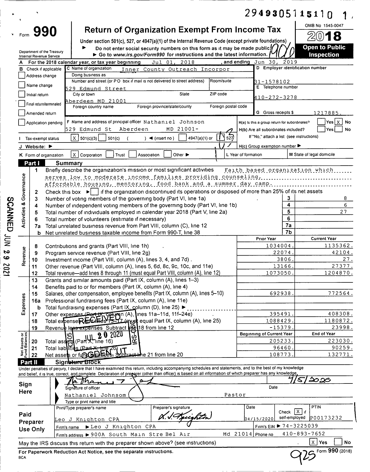 Image of first page of 2018 Form 990 for Inner County Outreach Incorporated