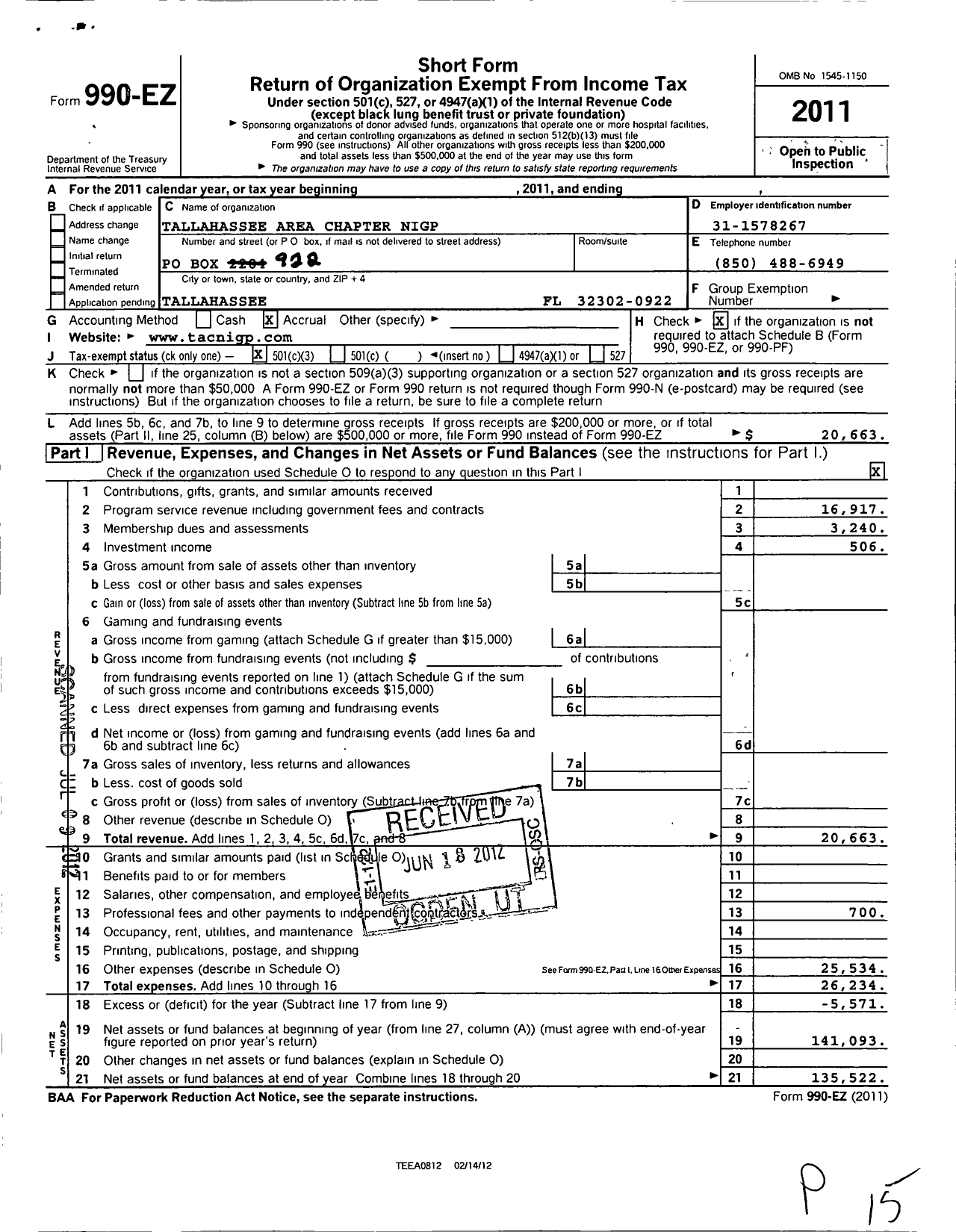 Image of first page of 2011 Form 990EZ for Tallahassee Area Chapter Nigp