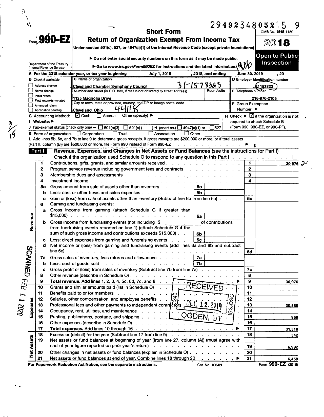 Image of first page of 2018 Form 990EO for Cleveland Chamber Symphony Council