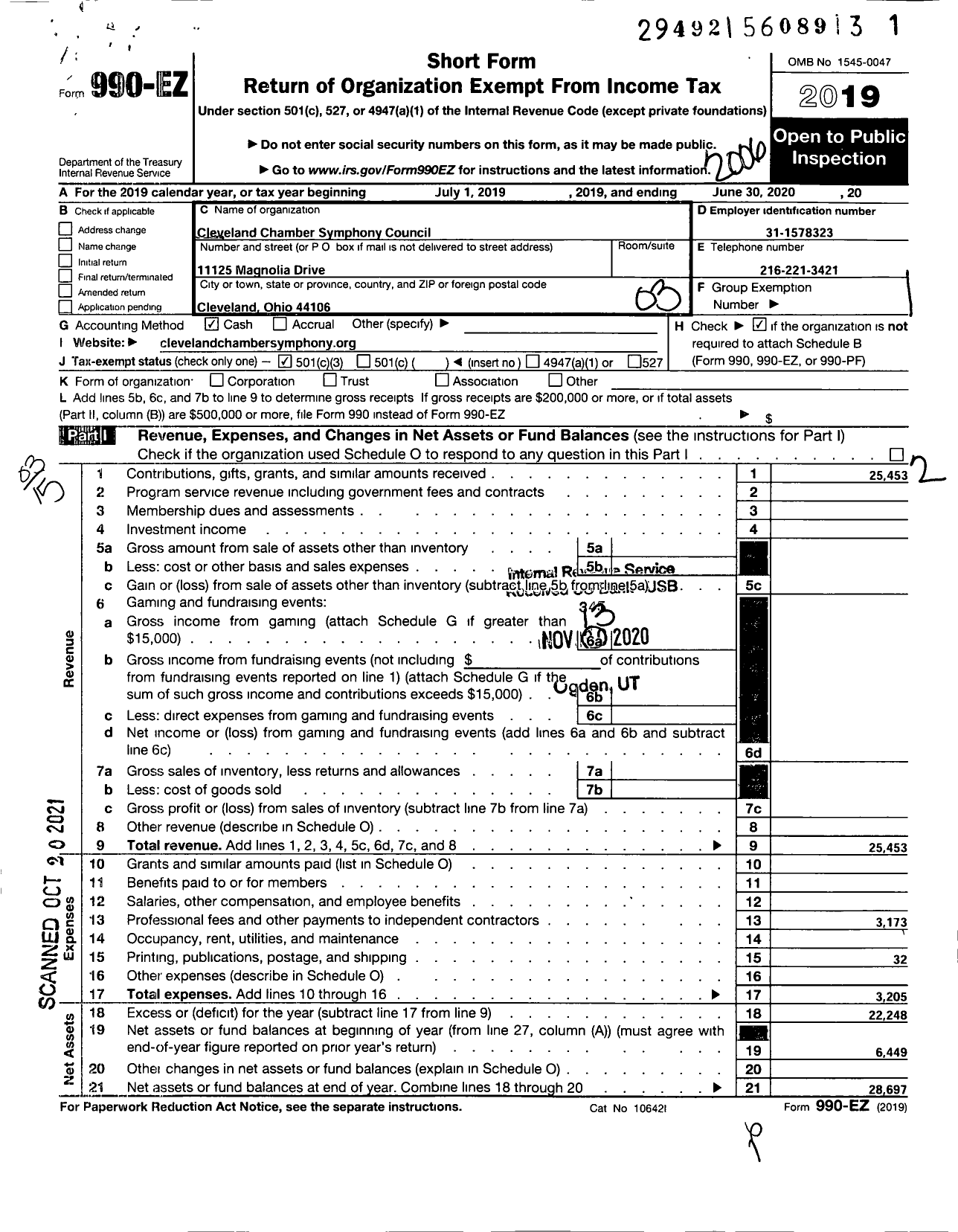 Image of first page of 2019 Form 990EZ for Cleveland Chamber Symphony Council