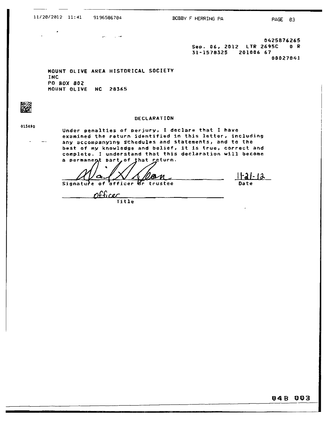 Image of first page of 2009 Form 990ER for Mount Olive Area Historical Society