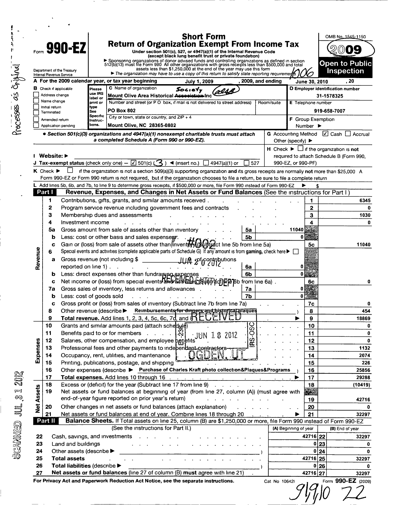 Image of first page of 2009 Form 990EZ for Mount Olive Area Historical Society