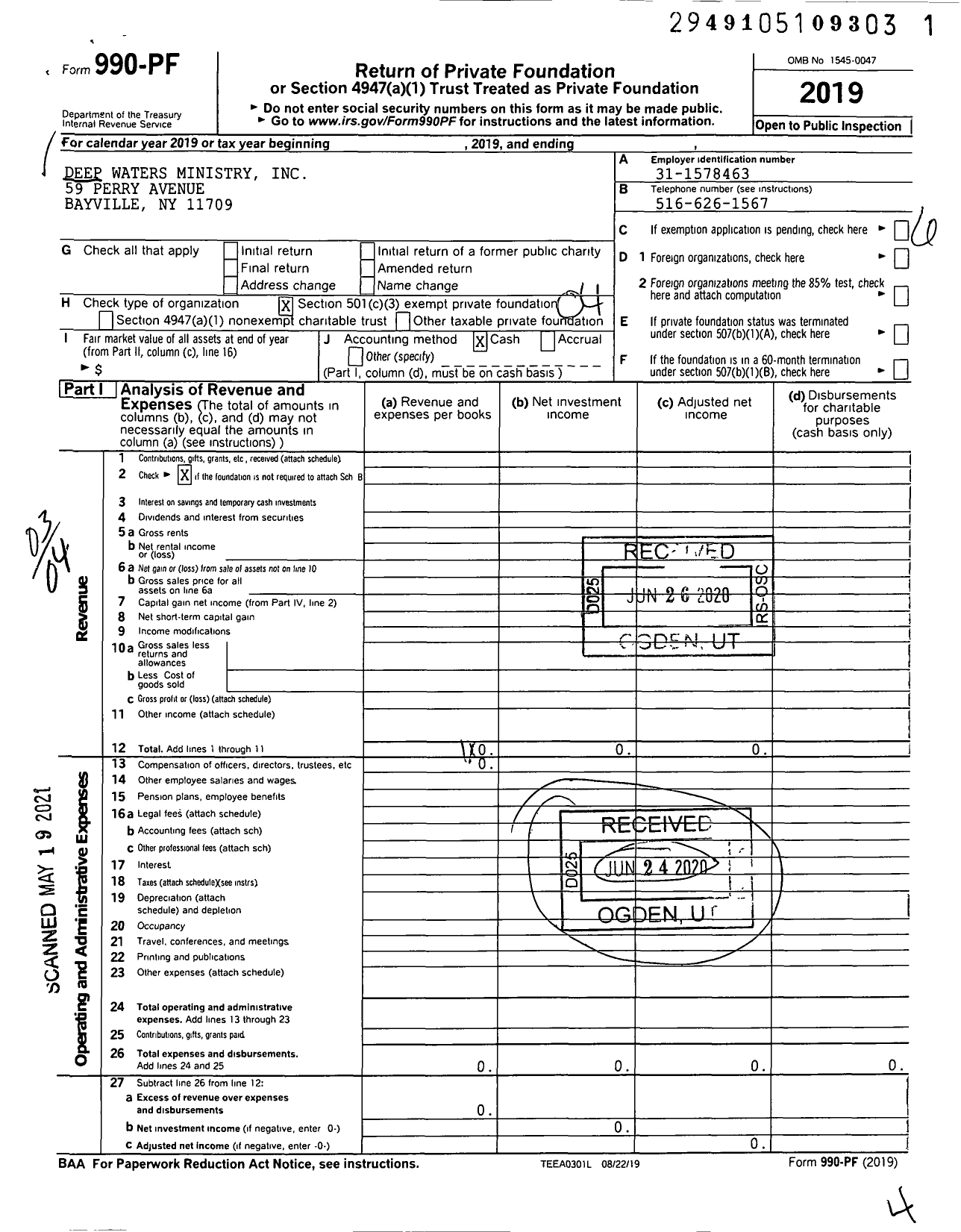 Image of first page of 2019 Form 990PF for Deep Waters Ministry