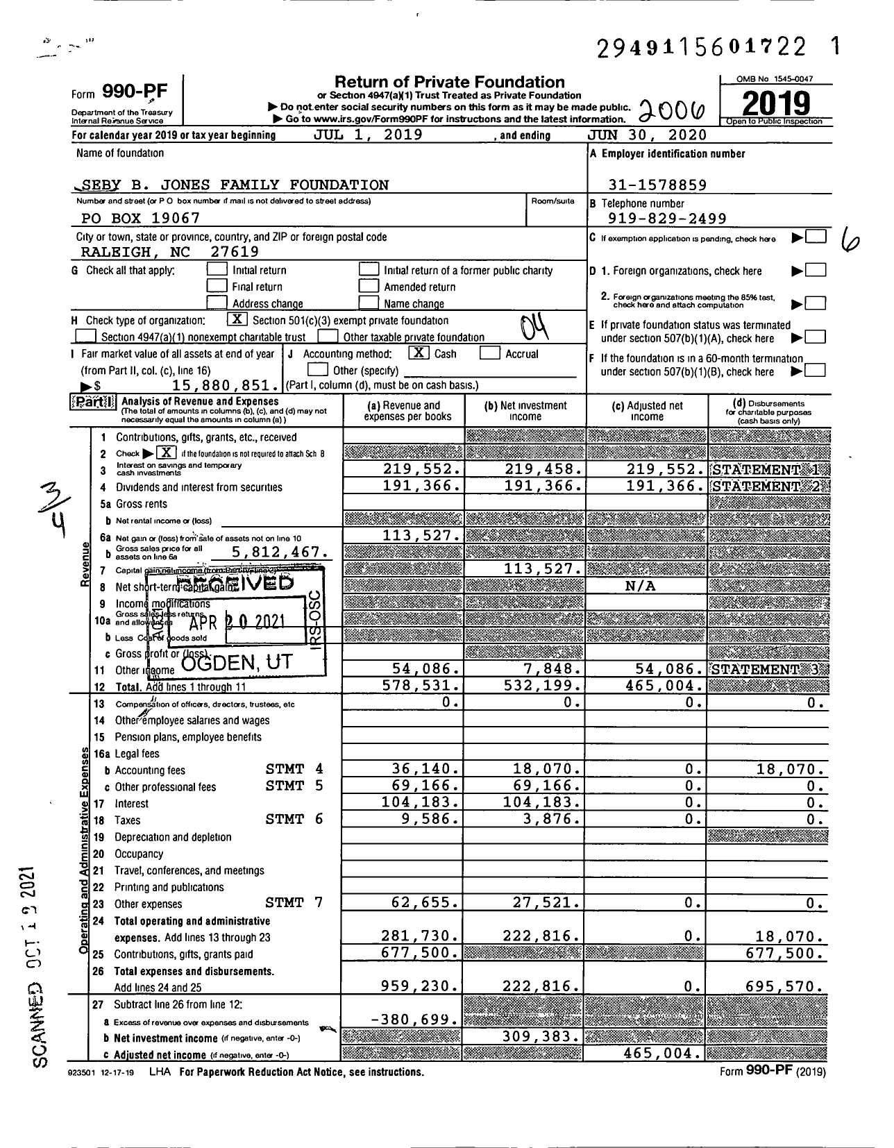 Image of first page of 2019 Form 990PF for Seby B Jones Family Foundation