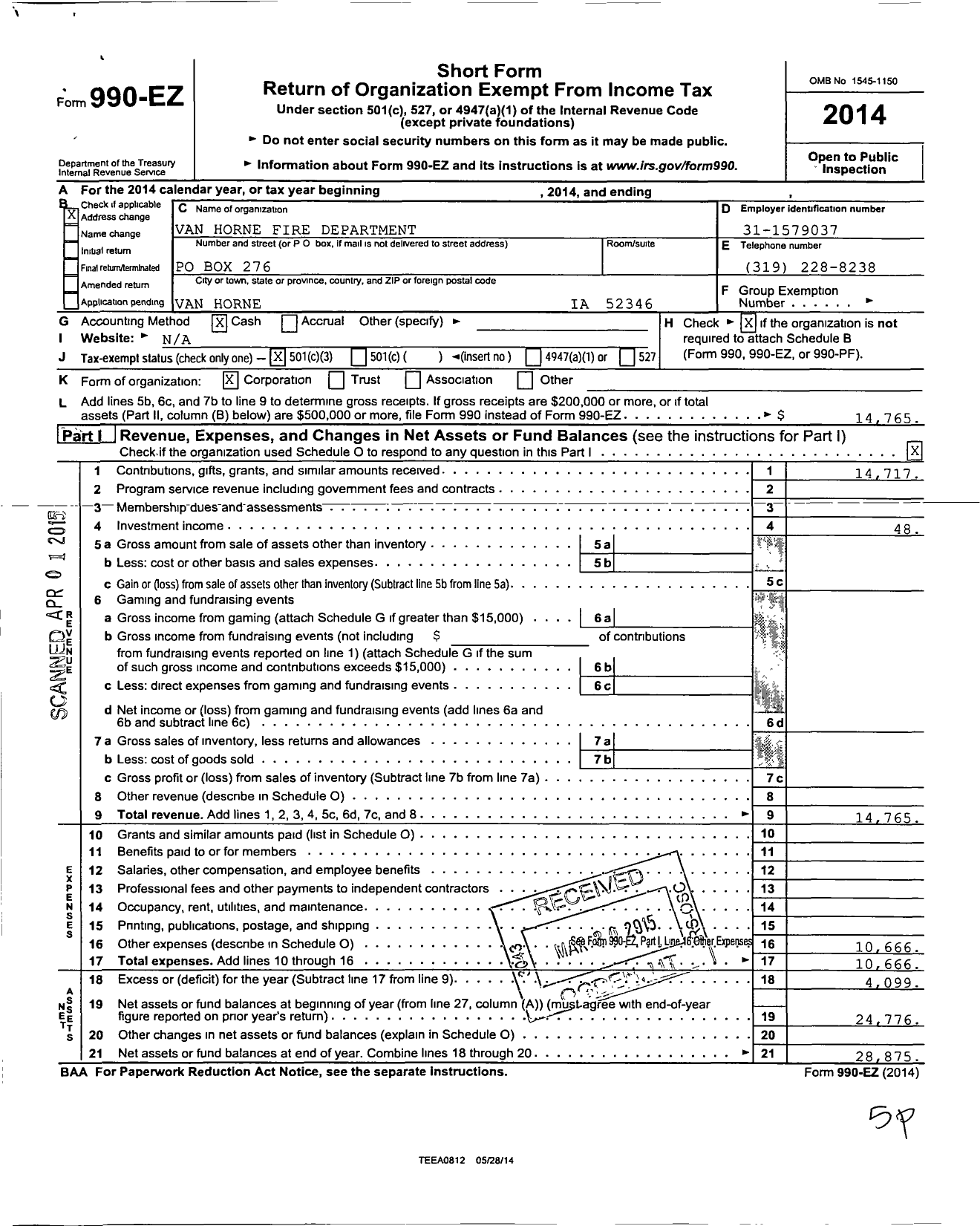 Image of first page of 2014 Form 990EZ for Van Horne Firemans Association