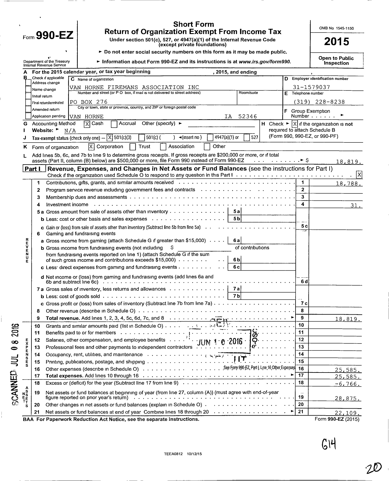 Image of first page of 2015 Form 990EZ for Van Horne Firemans Association