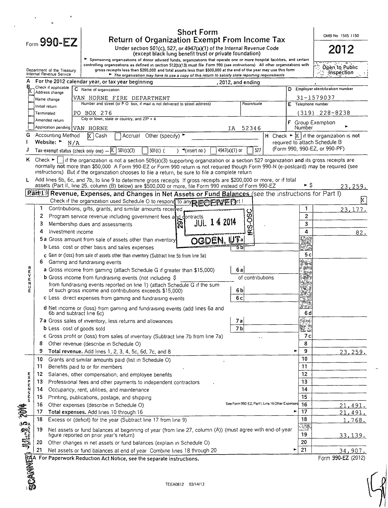 Image of first page of 2012 Form 990EZ for Van Horne Firemans Association