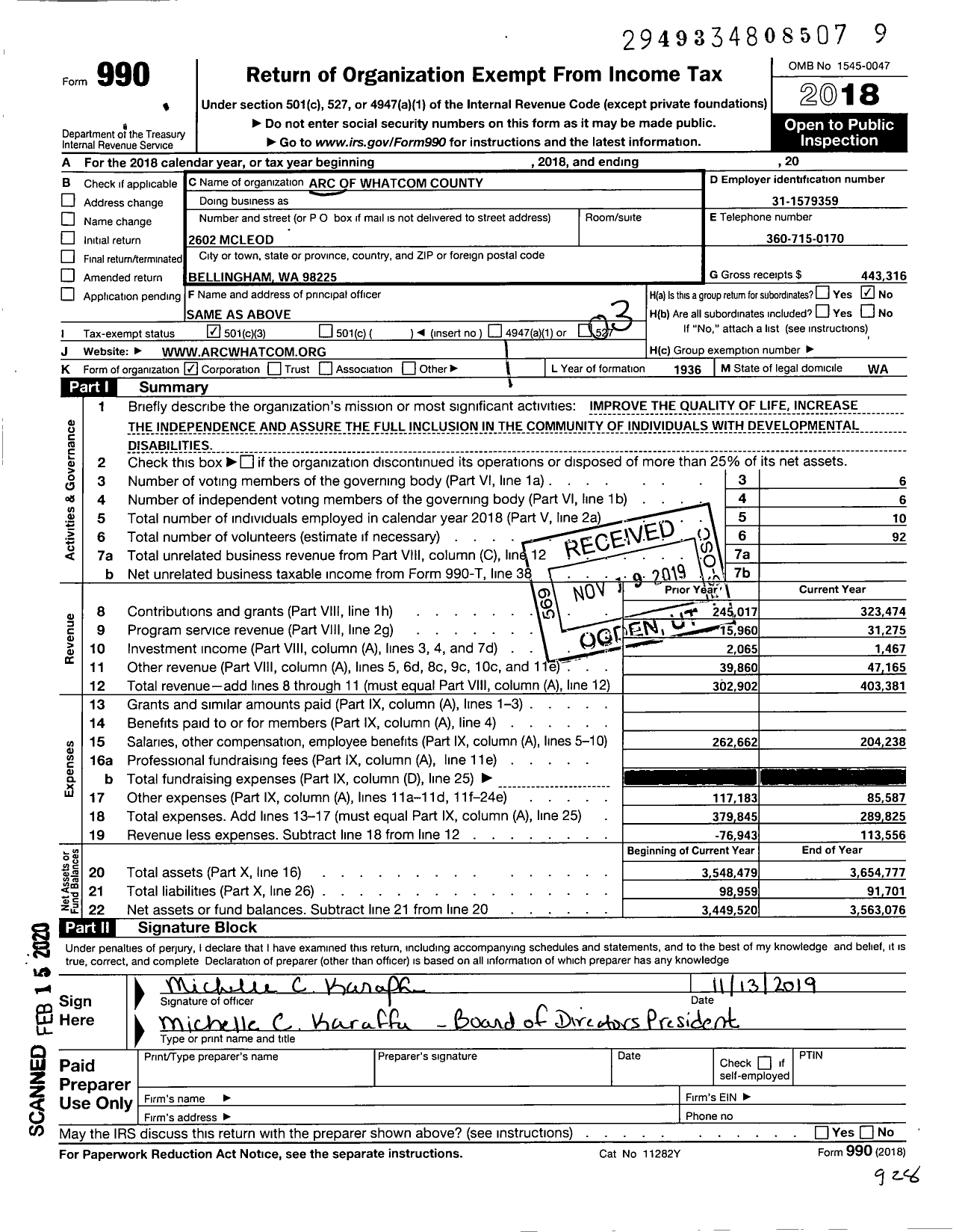 Image of first page of 2018 Form 990 for The Arc of Whatcom County