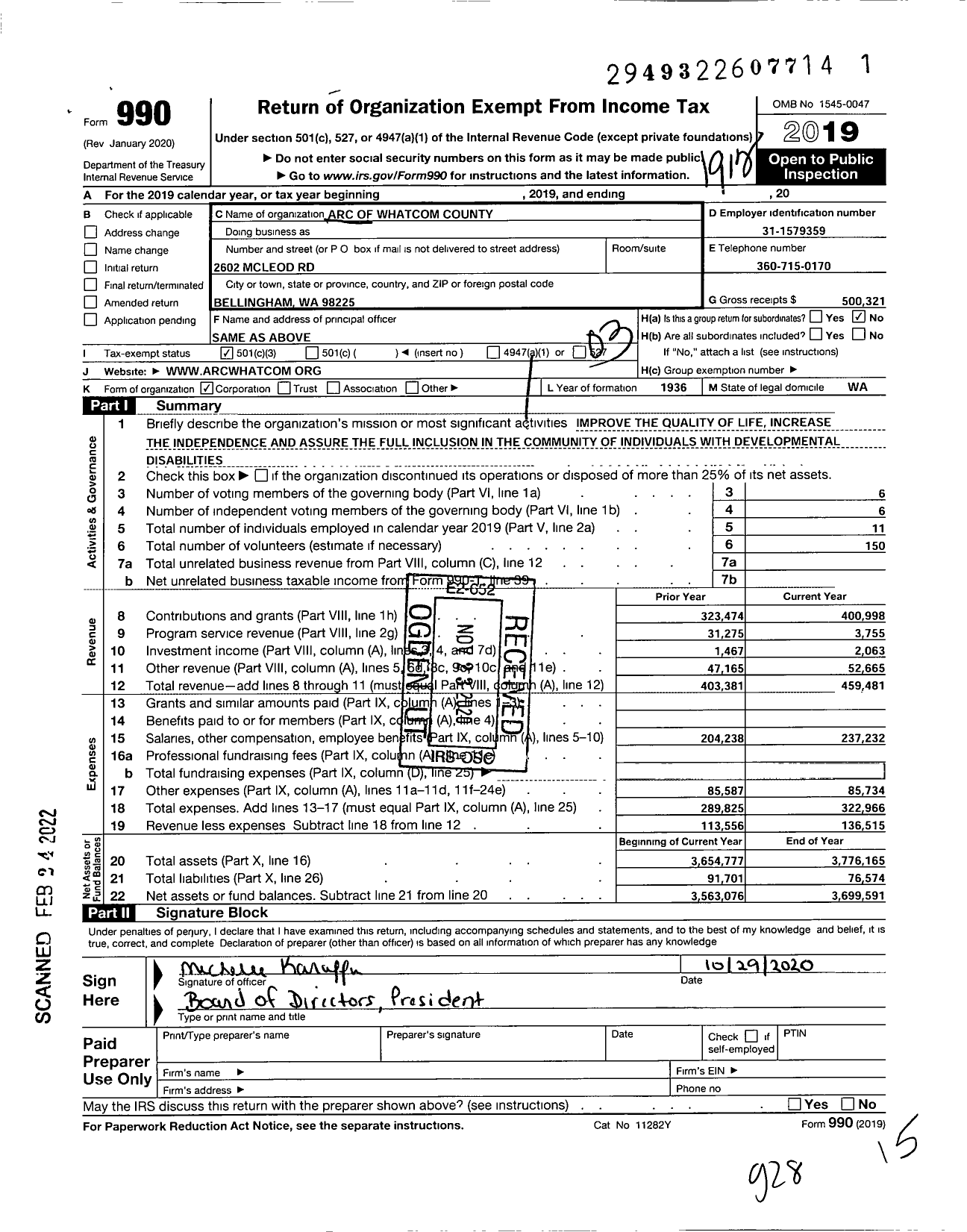 Image of first page of 2019 Form 990 for The Arc of Whatcom County