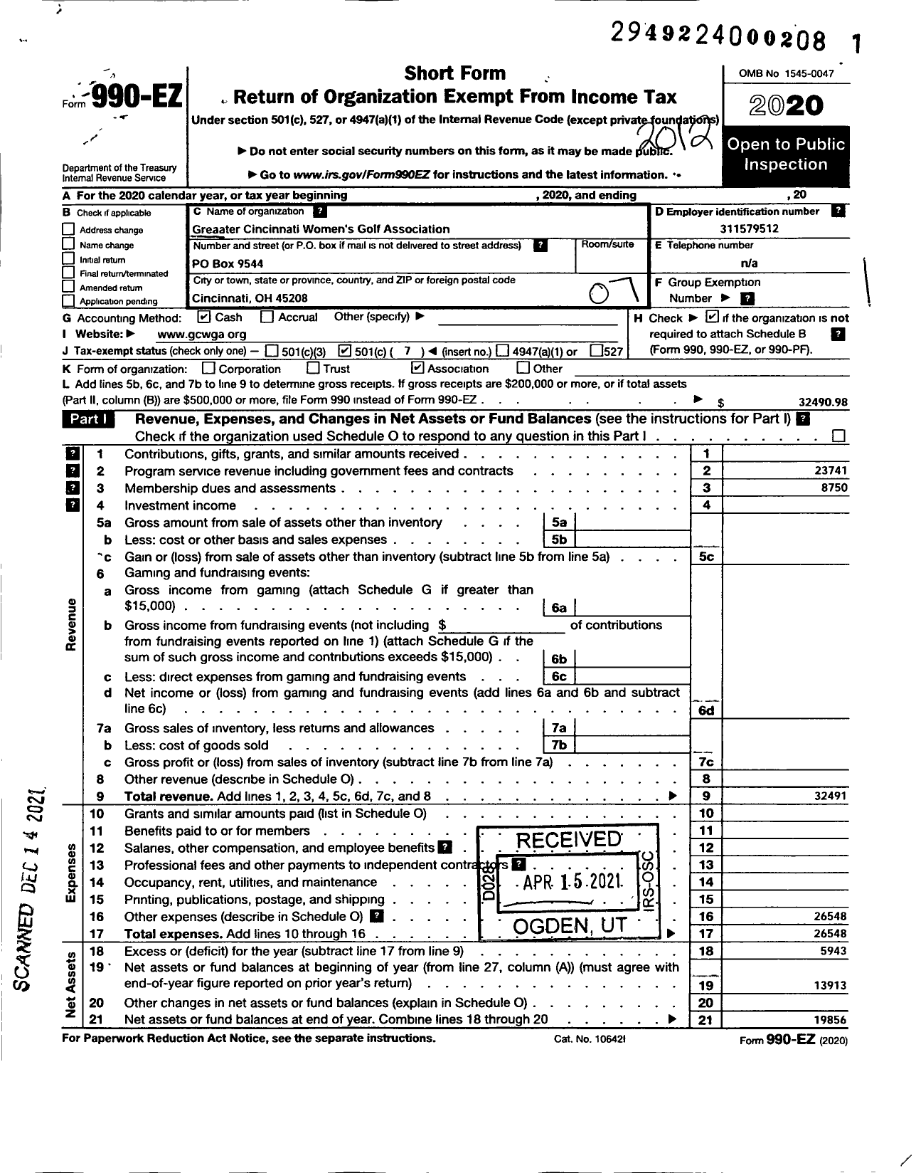 Image of first page of 2020 Form 990EO for Greater Cincinnati Womens Golf Association (GCWGA)