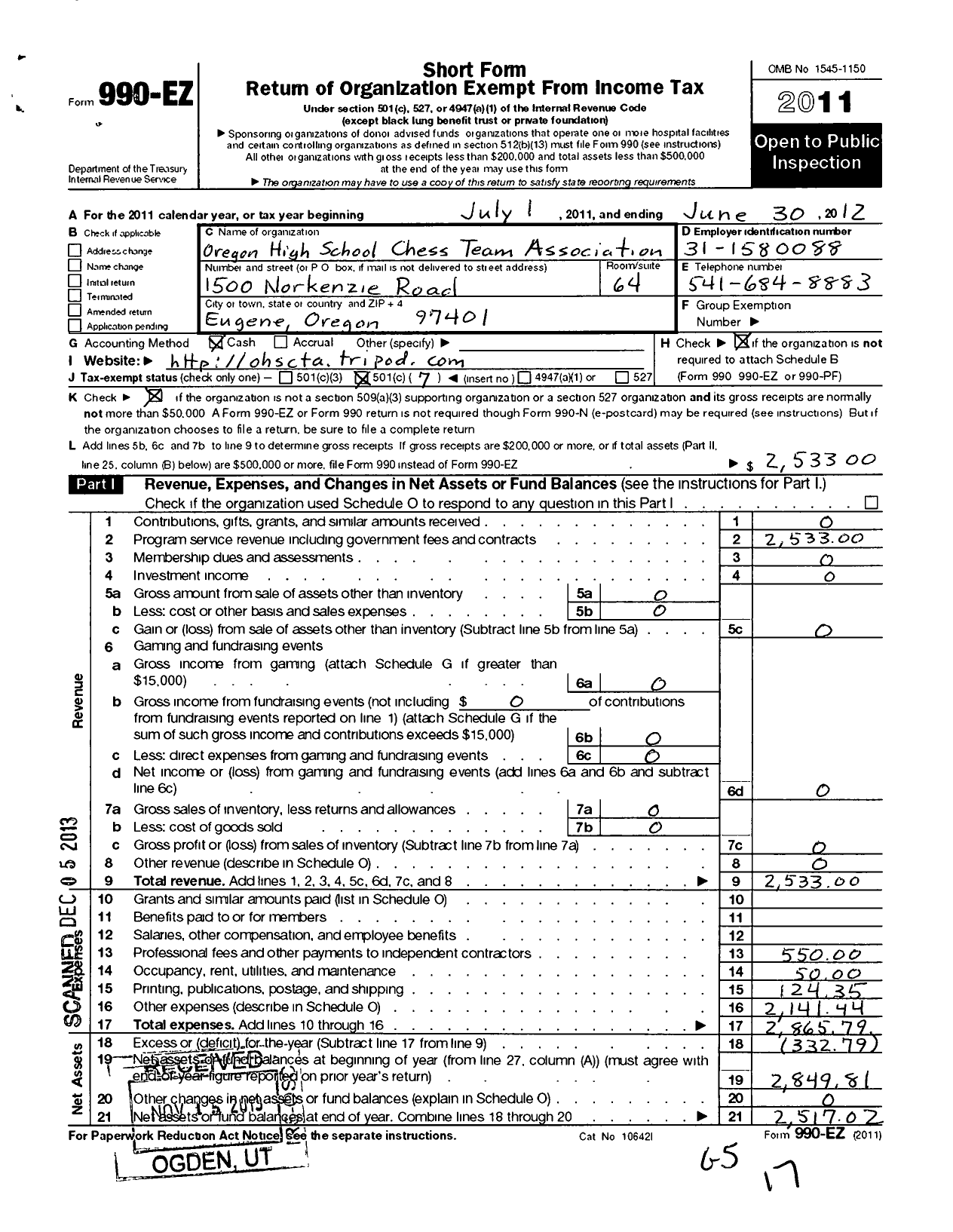 Image of first page of 2011 Form 990EO for Oregon High School Chess Team Association