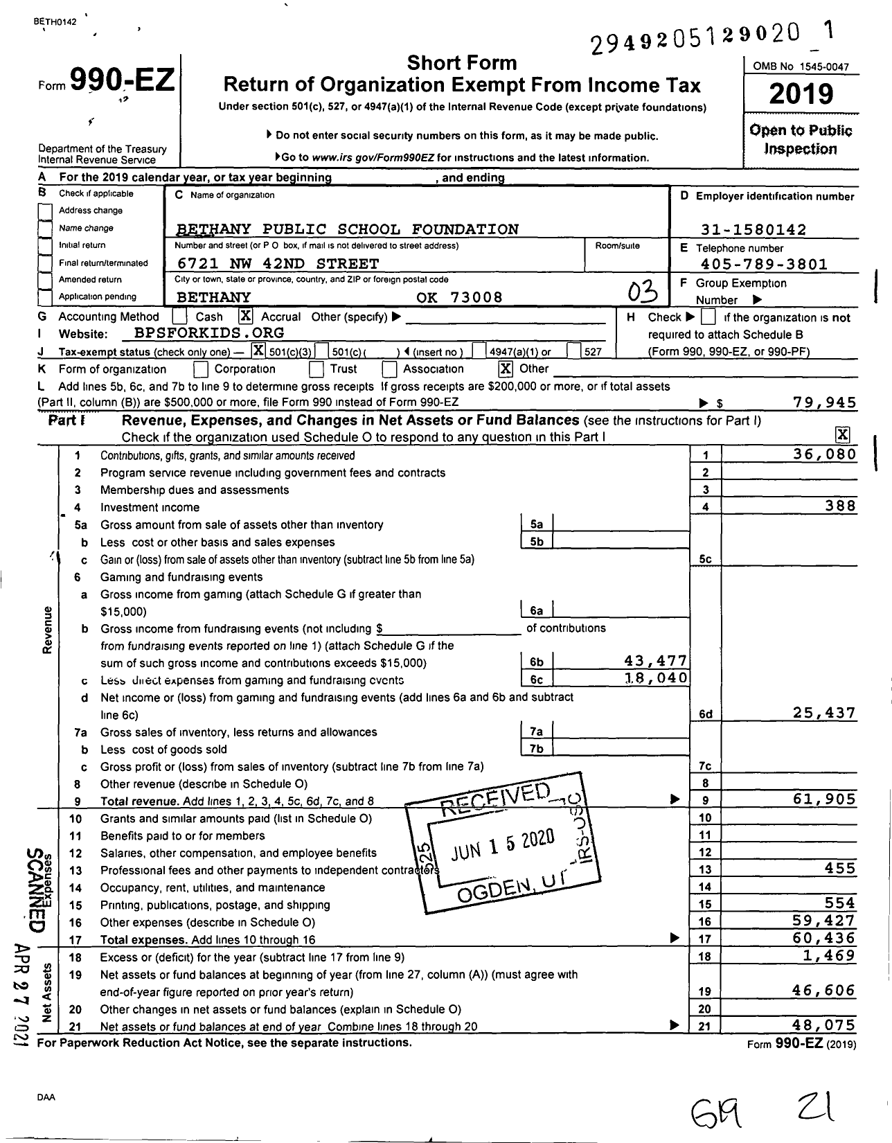 Image of first page of 2019 Form 990EZ for Bethany Public School Foundation