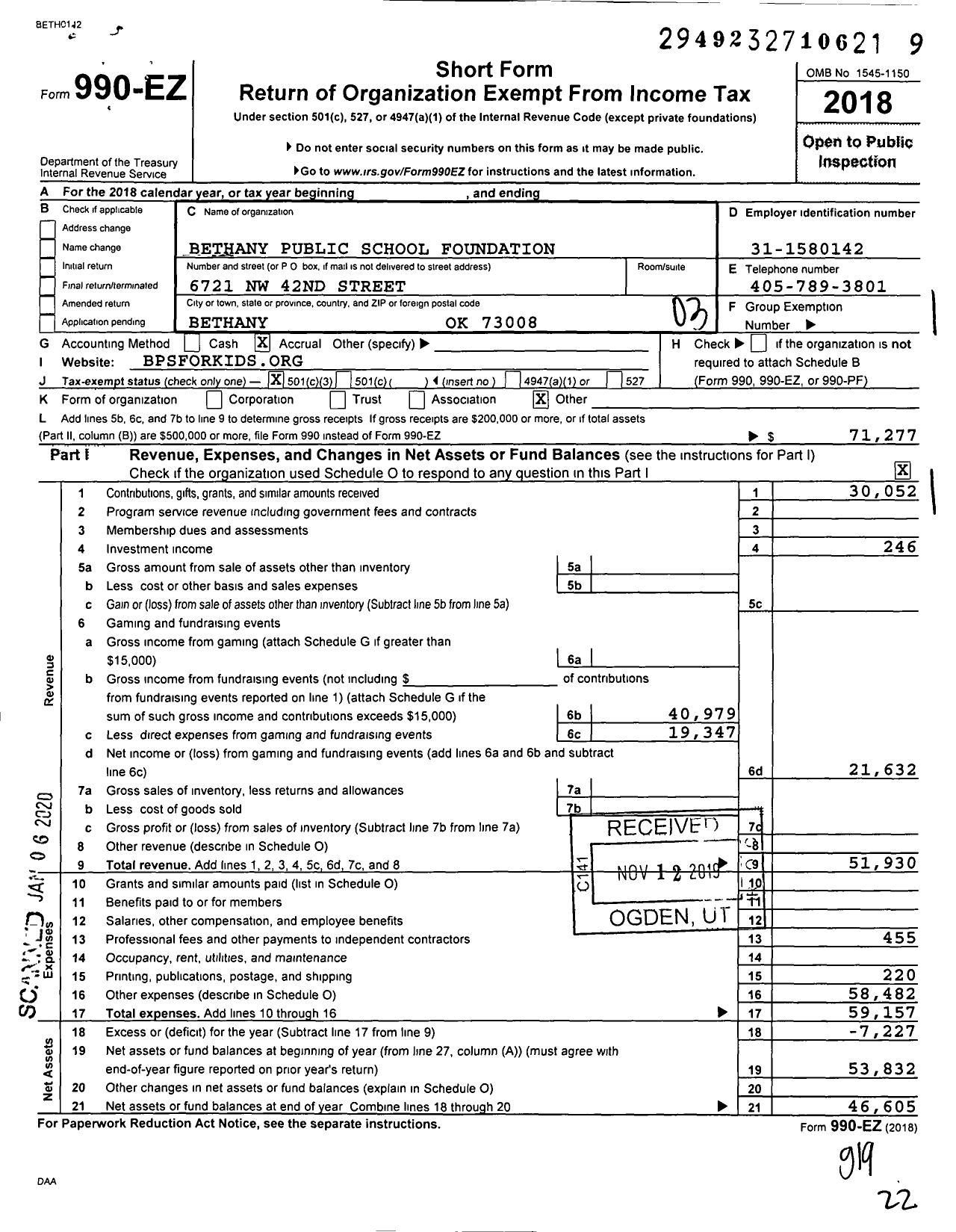 Image of first page of 2018 Form 990EZ for Bethany Public School Foundation