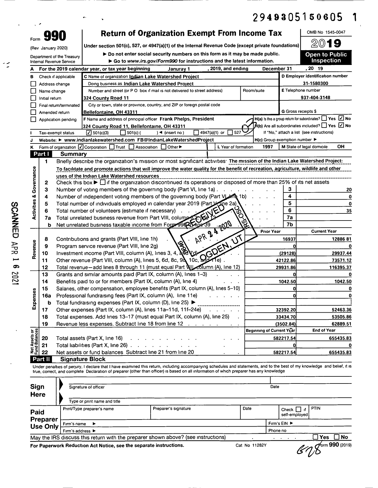 Image of first page of 2019 Form 990 for Indian Lake Watershed Project