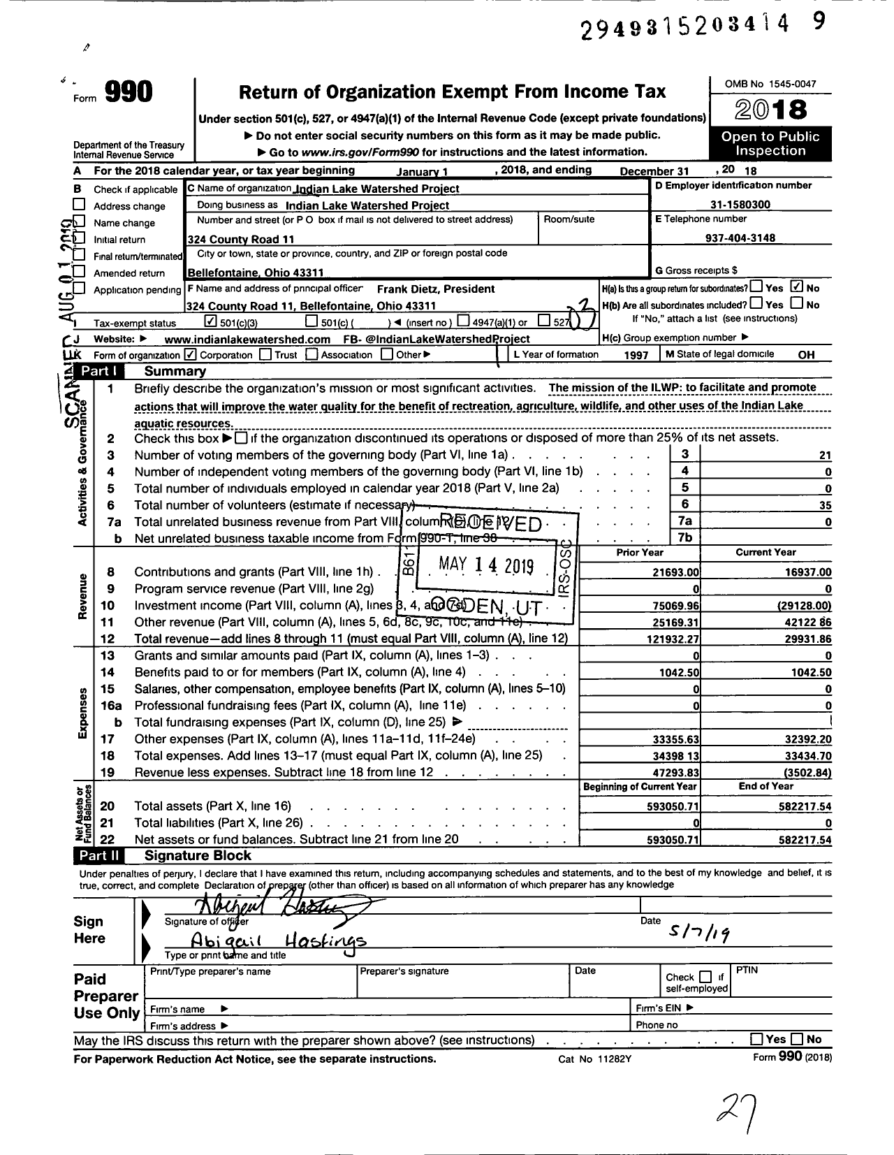 Image of first page of 2018 Form 990 for Indian Lake Watershed Project