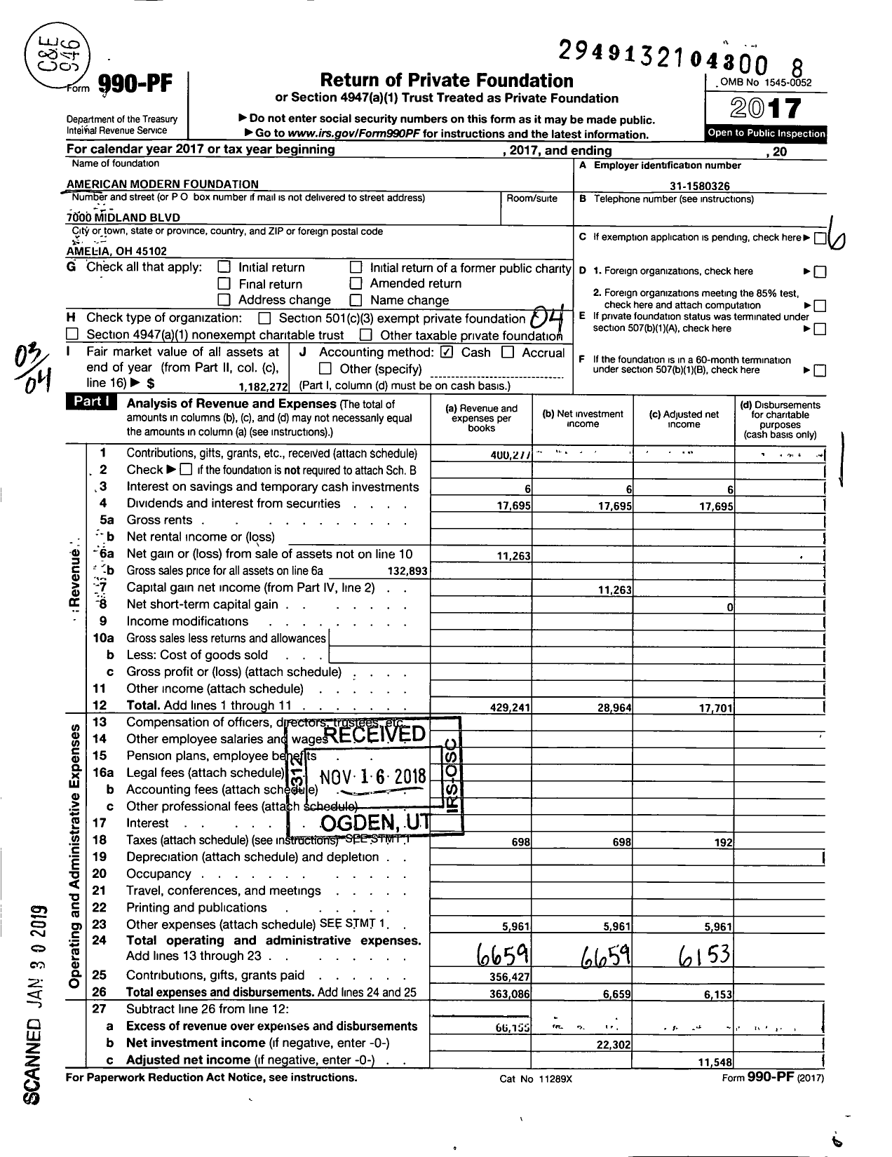 Image of first page of 2017 Form 990PF for American Modern Foundation