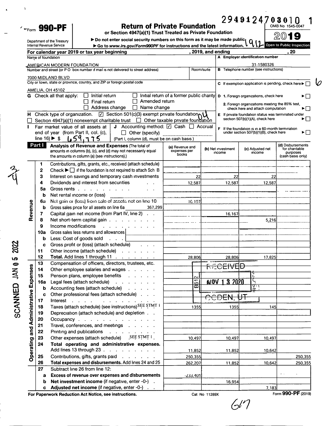 Image of first page of 2019 Form 990PF for American Modern Foundation